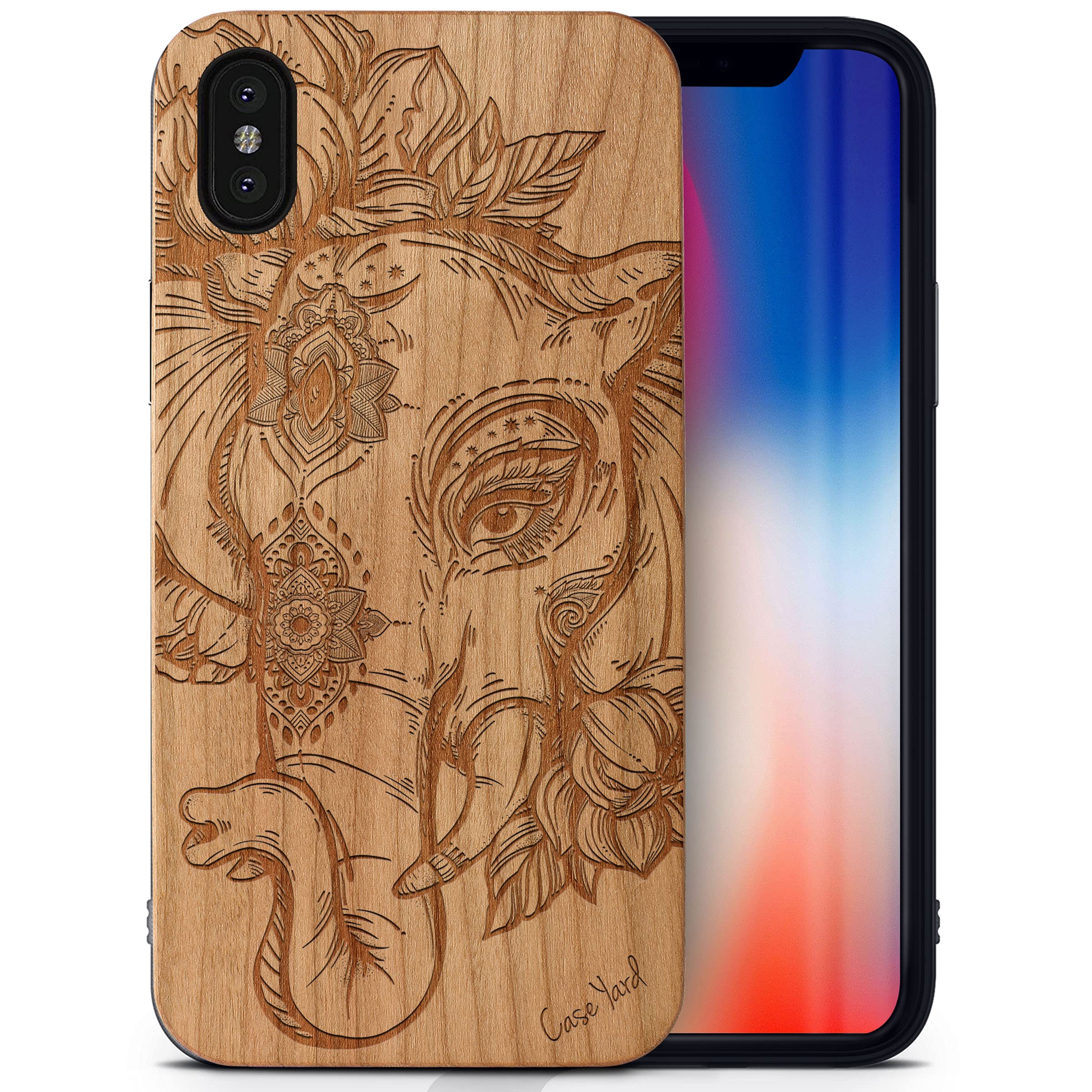 CaseYard Wood Phone Case for iPhone X - Laser Engraved Boho Elephant Design in Cherry Wood | Shockproof Slim Fit Protective Cover for Men & Women | Perfect for Outdoor Adventures & Everyday Use