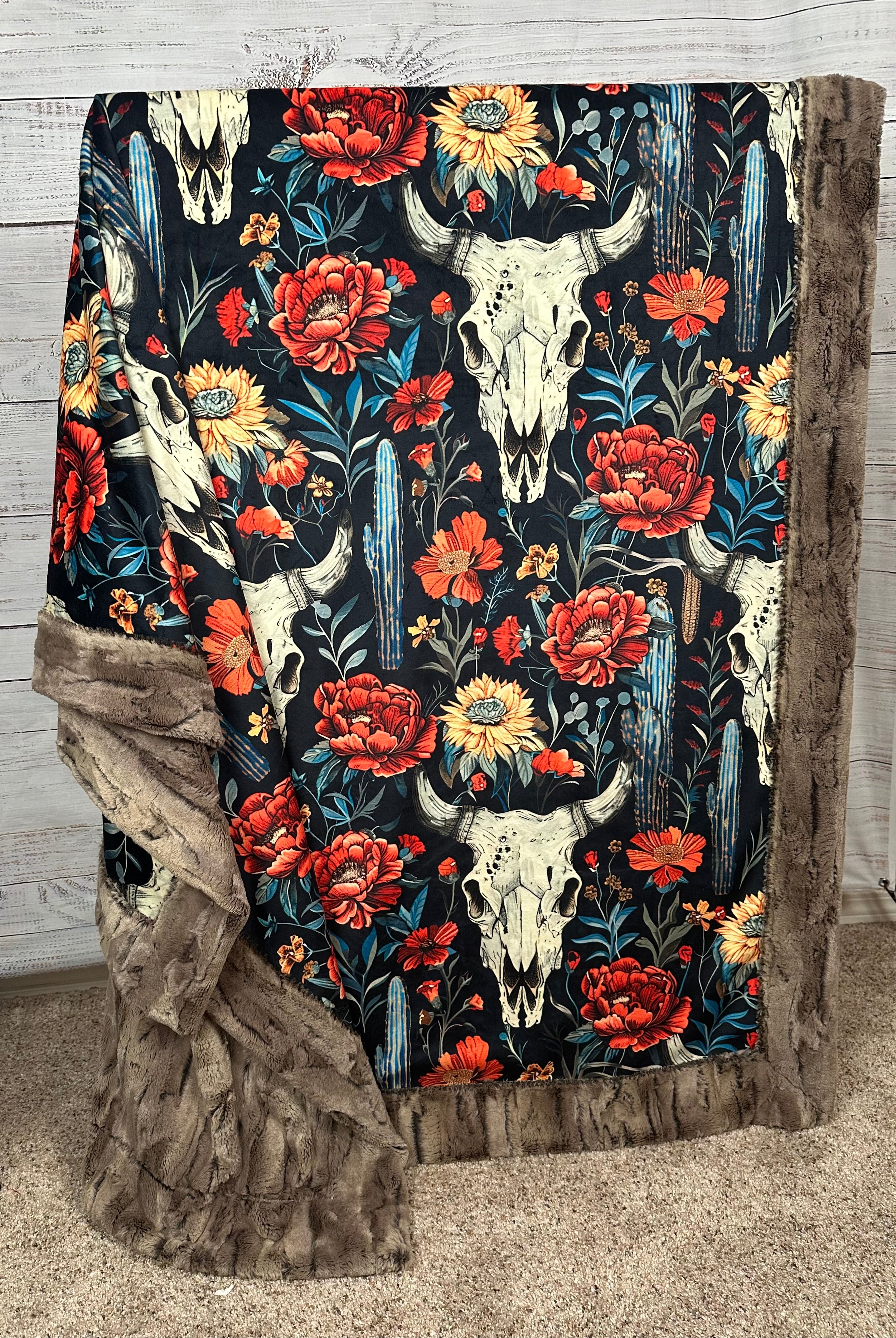 Boho Western Skull Floral Print Minky Blanket - Soft Luxe 55x79 Inches - Perfect for Bed, Couch & Home Decor - Chestnut Brown Cozy Throw Blanket