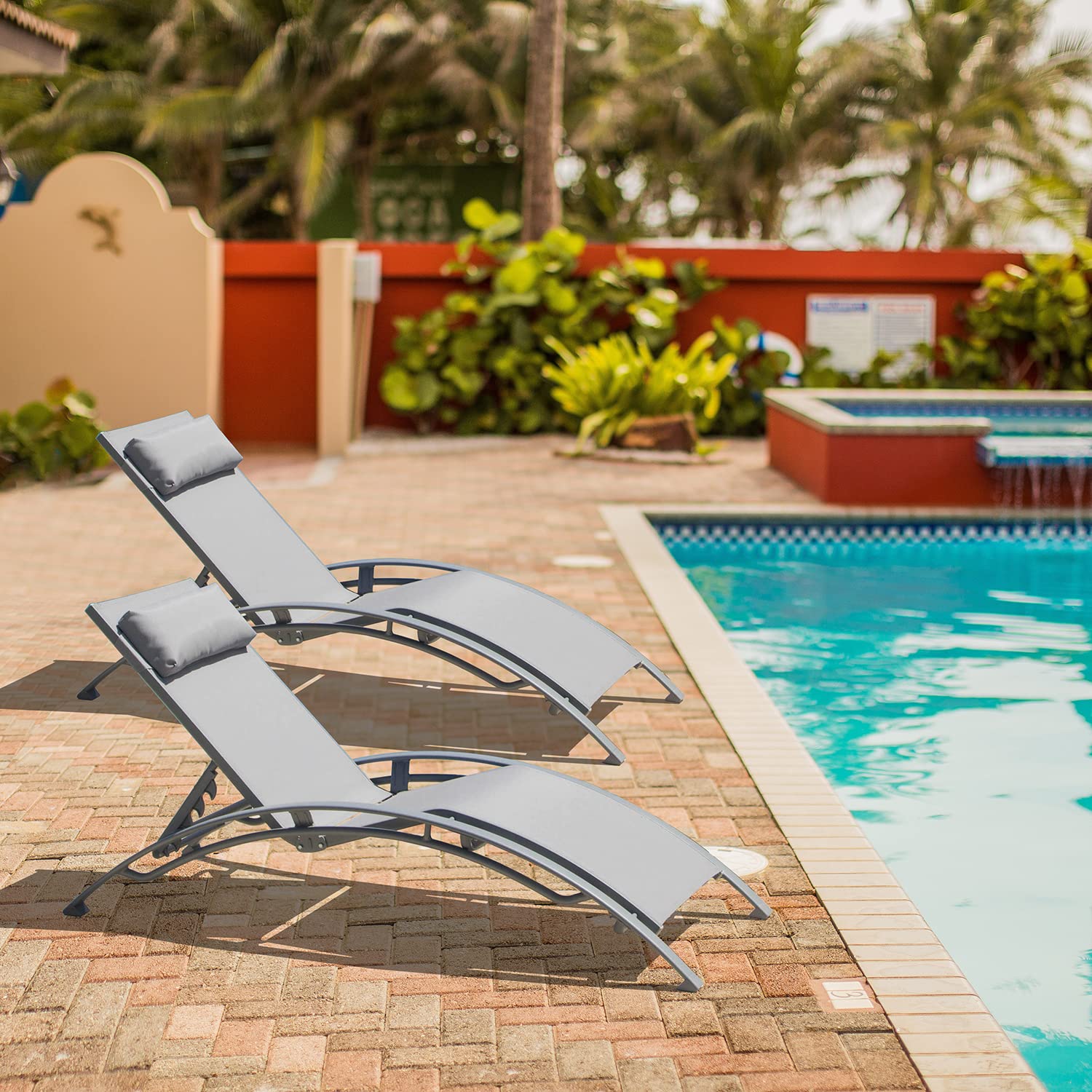 Premium Aluminum Lounge Chair Set of 2 - 5-Position Adjustable Outdoor Chaise Lounge for Poolside, Beach, Garden & Patio - Weather-Resistant Gray Patio Furniture for Relaxation & Sunbathing