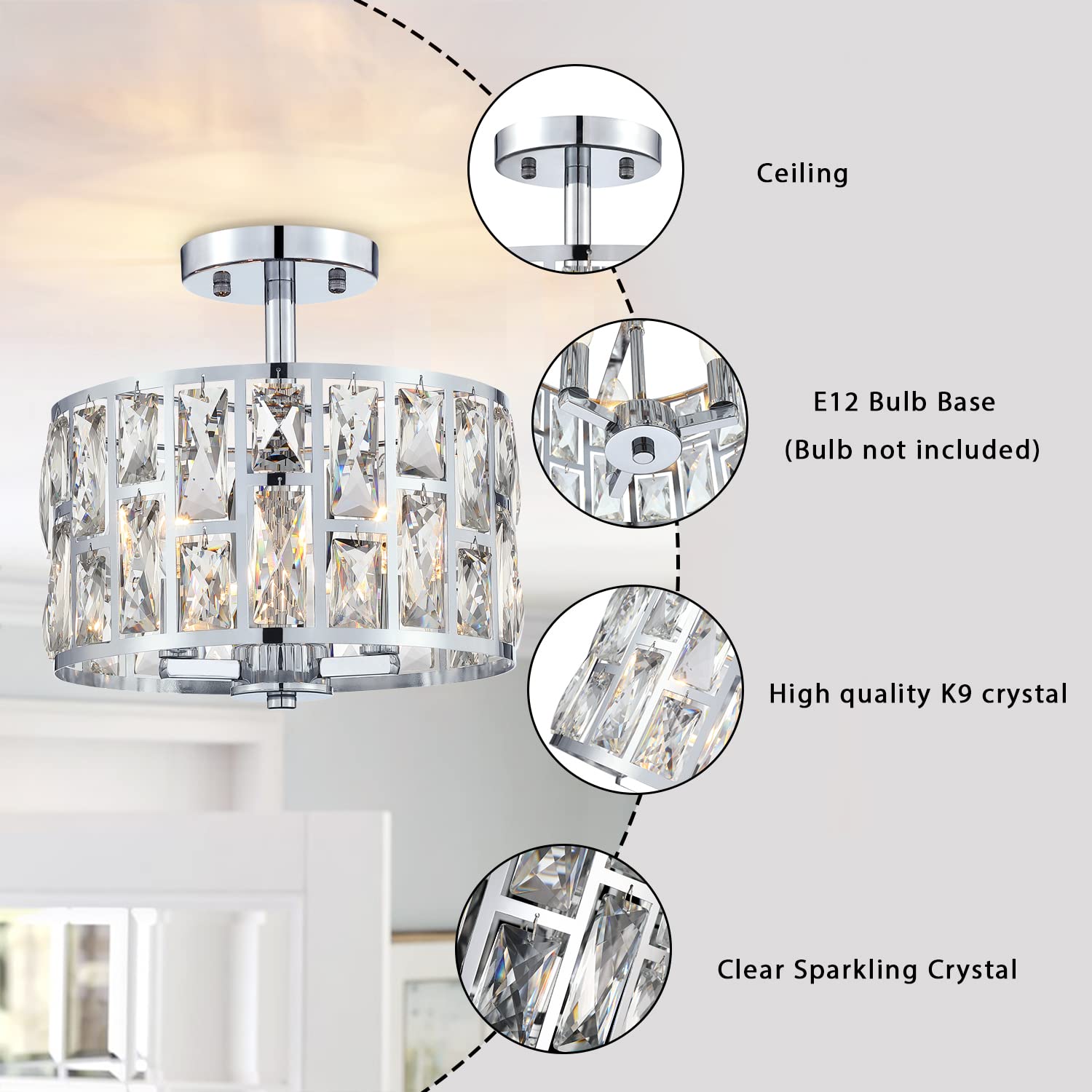 Modern Farmhouse Crystal Round Semi-Flush Mount Ceiling Light Fixture - 3LT Drum Shade Lighting for Kitchen Island, Dining Room & Bedroom | Elegant Ambient Lighting for Home Decor