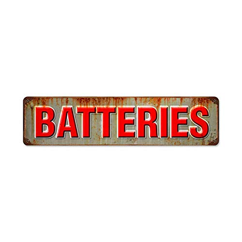 Vintage Rustic Retro 4x16 Inch Tin Metal Wall Sign - Batteries Street Sign - Home Bar Cafe Garage Decor - Perfect for Man Cave, Workshop & Retro Themed Rooms