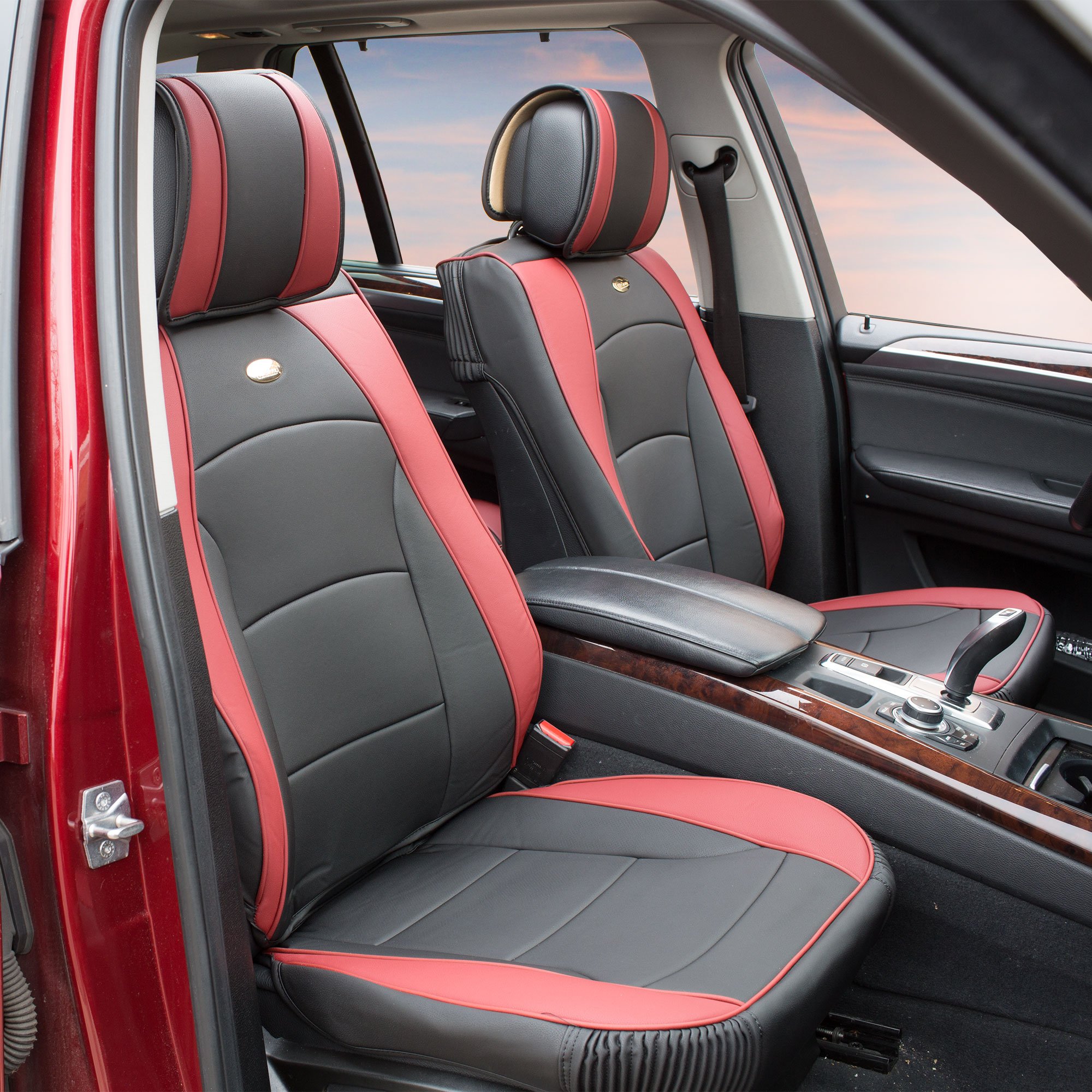 TLH Ultra Comfort Leatherette Seat Cushions - Burgundy Non-Slip Car Seat Covers with Waterproof Dash Mat | Universal Fit for Cars, Trucks & SUVs | Perfect for Commuting, Road Trips & Long Drives