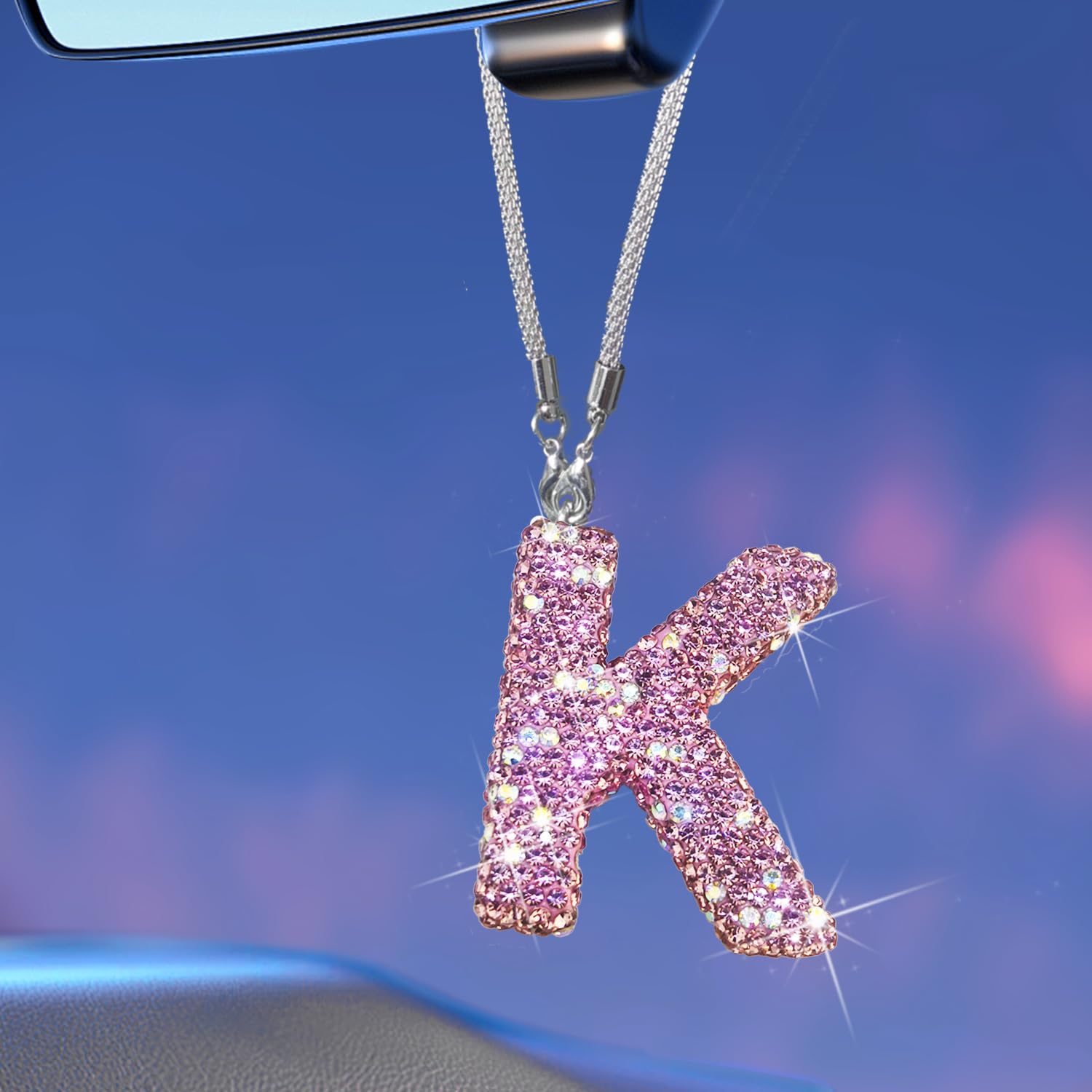 Sparkling Pink Car Charm Pendant for Women - Rainbow Crystal Rearview Mirror Decor, Diamond Rhinestone Letter Accessory | Cute Car Interior Decoration, Lucky Gift for Girls & Women | Perfect for Daily Commute, Road Trips & Personalized Car Styling