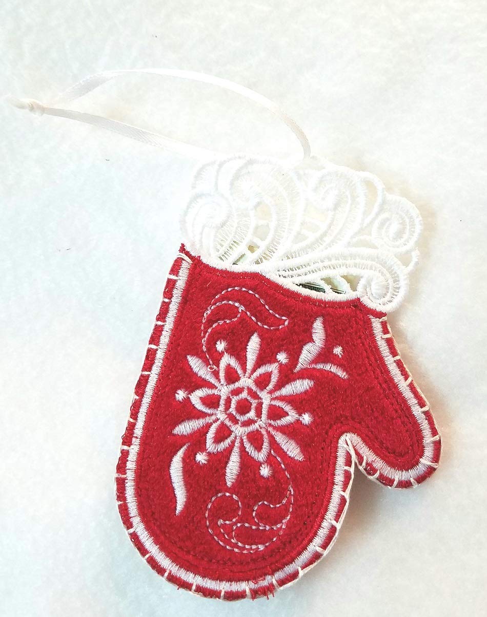Christmas Velvet Mitten Money Holder - Handmade Embroidery Ornament for Holiday Gifts, Stocking Stuffers & Tree Decorations