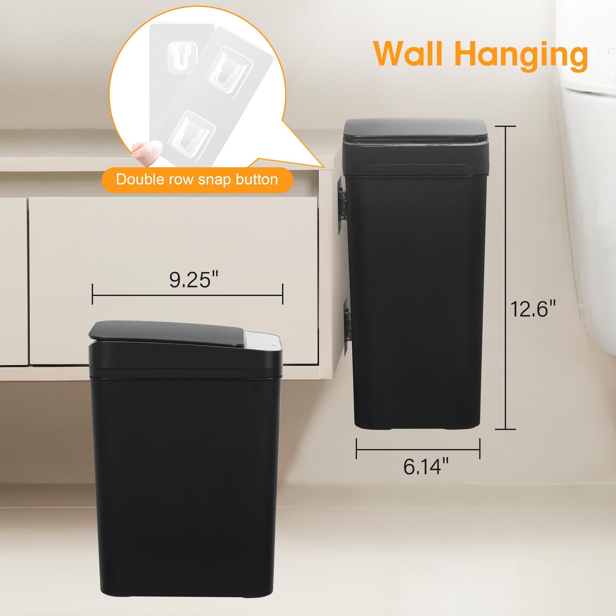 2 Pack Automatic Motion Sensor Trash Can - 2.6 Gallon Touchless Bathroom & Kitchen Garbage Bin with Hanging Design, Narrow Small Rubbish Can for Toilet, Bedroom, RV (Black, Battery Powered) - Perfect for Hands-Free Waste Disposal in Tight Spaces