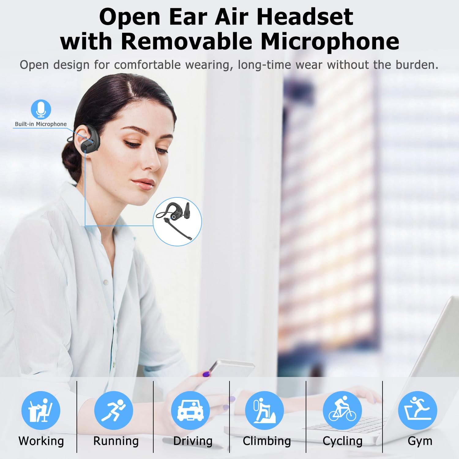 Friencity Open Ear Bluetooth Headset with Magnetic Boom Mic - Wireless Headphones for Phone Calls, PC, Laptop | DSP Noise Canceling Mic for Office Meetings, Running, Cycling | 12H Battery Life - Lightweight & Comfortable Design for All-Day Use