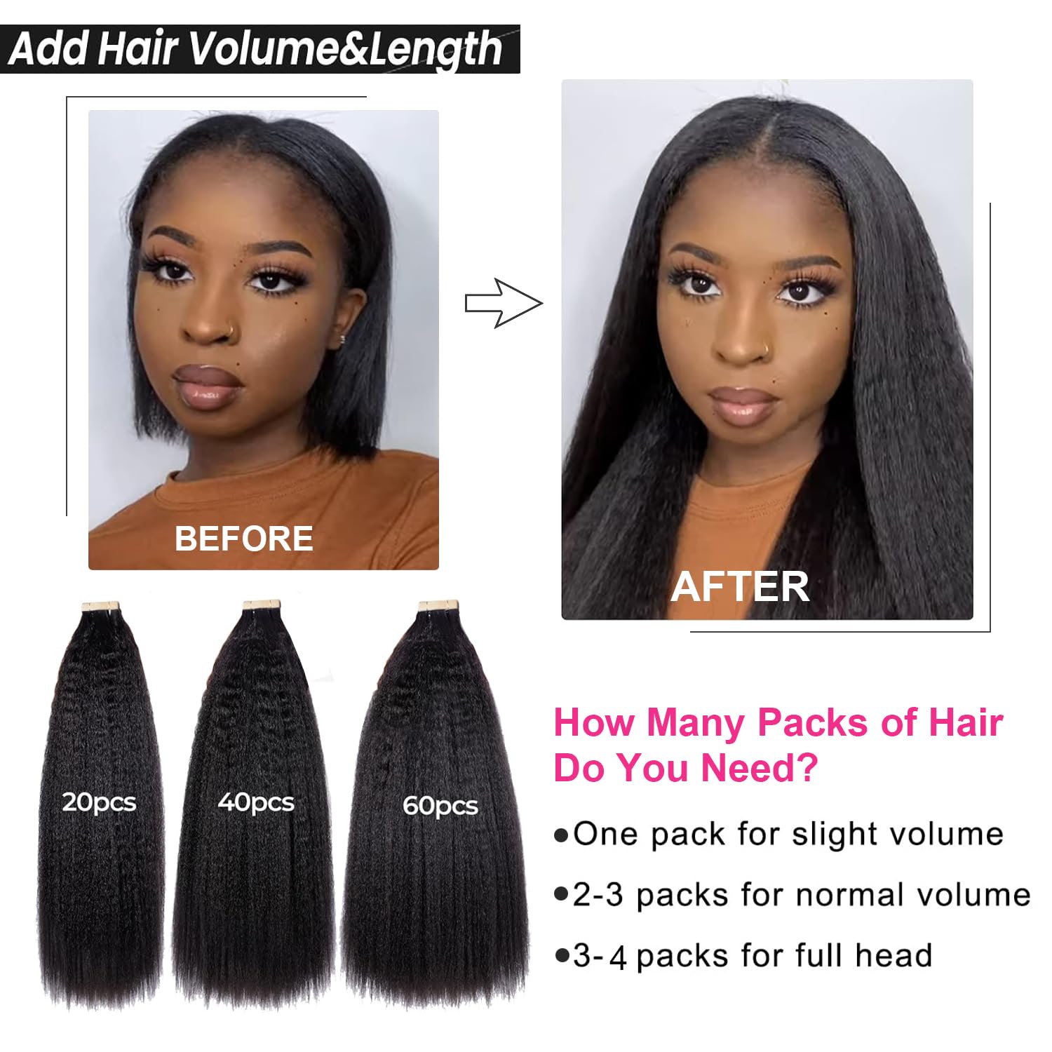 40Pcs Kinky Straight Tape in Hair Extensions - 100% Human Hair, Natural Black, 14 Inch, Invisible Skin Weft for Seamless Blending | Perfect for Black Women's Protective Styles, Weddings & Everyday Glam