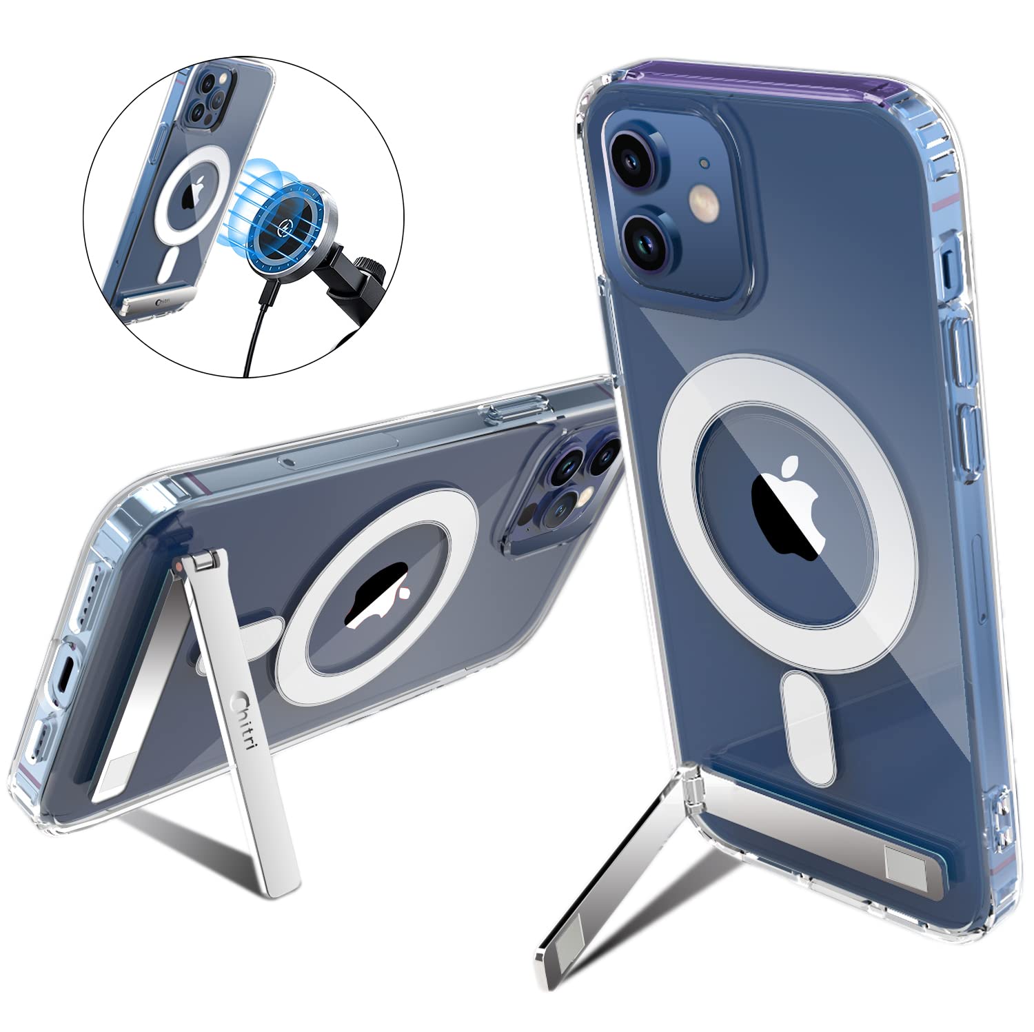Magnetic Clear iPhone 12/12 Pro Case with Kickstand - Slim Shockproof Protective Cover Compatible with MagSafe Charger | Perfect for Work, Travel & Everyday Use