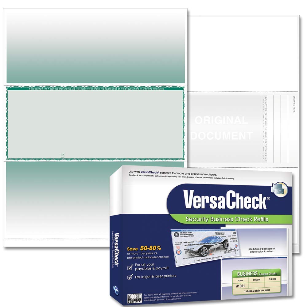 VersaCheck Secure Checks - 1000 Blank Business Voucher Checks (Green Premium, Form #1001, Middle Position) - Compatible with QuickBooks & Accounting Software - Perfect for Small Business Payroll & Vendor Payments
