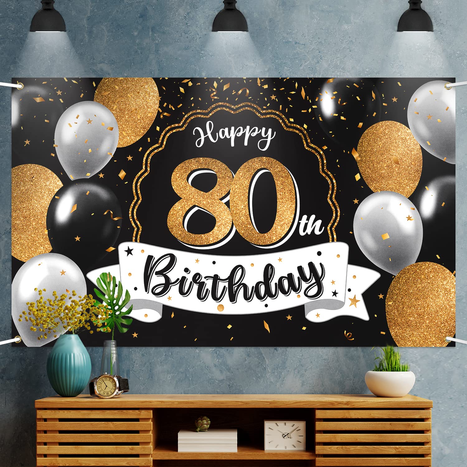 80th Birthday Decorations - Black & Gold Balloon Banner Backdrop Sign for 80 Years Old Party | Cheers to Eighty Bday Party Supplies | Perfect for Milestone Celebrations, Anniversaries & Retirement Parties