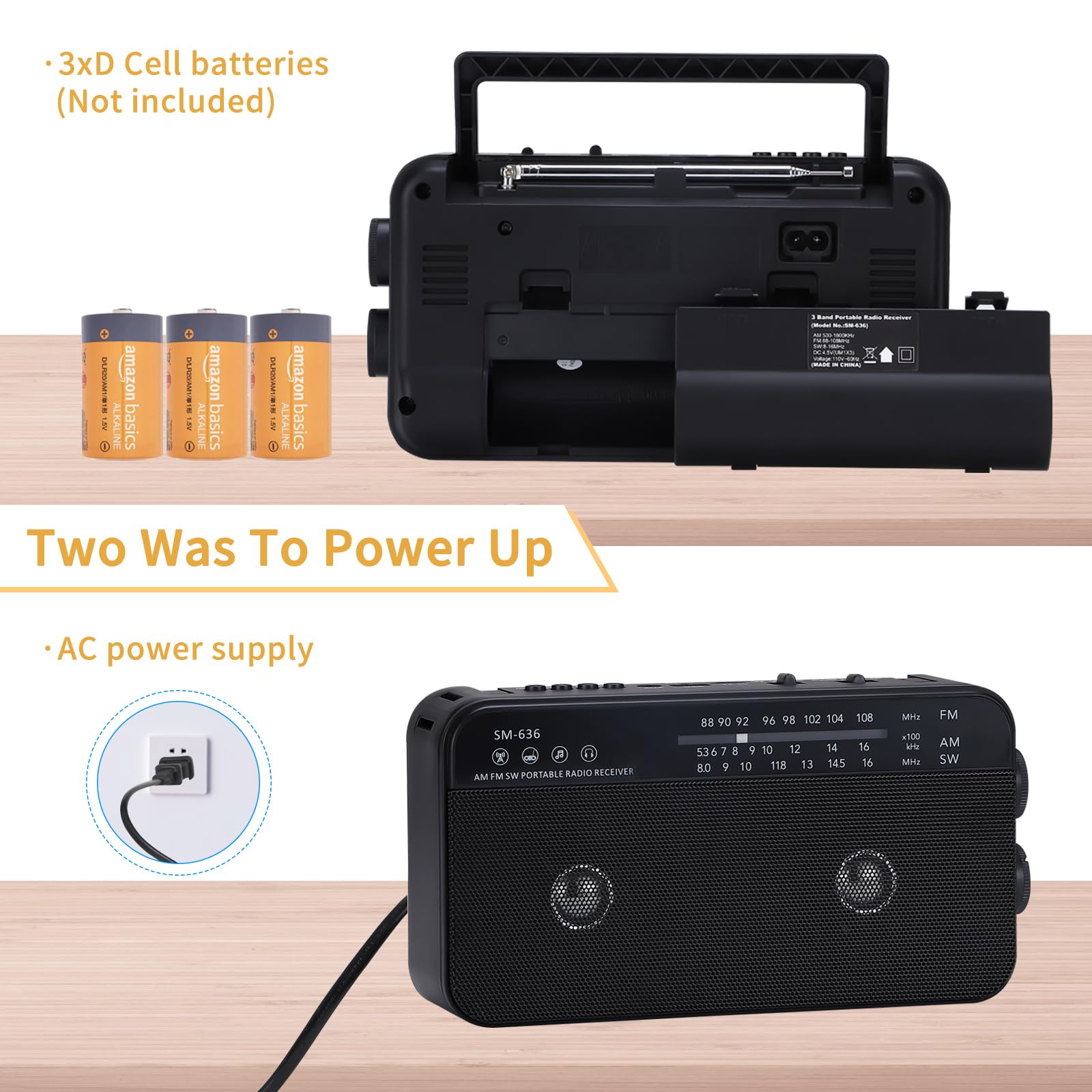 Portable AM FM Shortwave Radio with Bluetooth Speaker - Plug in Wall or 3X D Cell Batteries - AC Power Transistor Radio with 2 Tone Mode & Dual Loud Speakers - Supports AUX/USB/TF Card Playback - Perfect for Camping, Emergencies & Home Use
