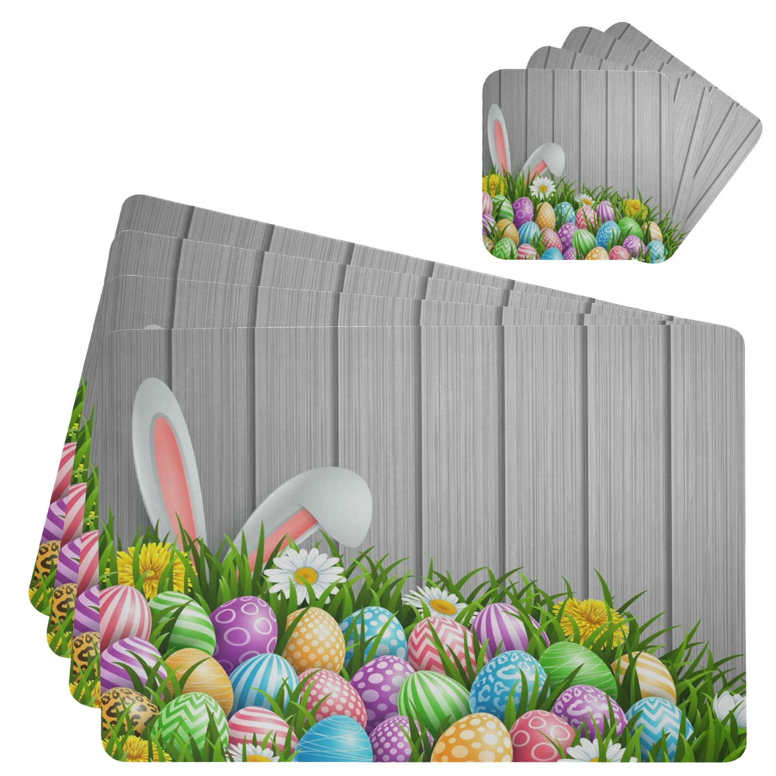 Easter Bunny Ears & Flowers Leather Placemats Set of 4 - Waterproof Wipeable Table Mats for Dining Kitchen - Easy to Clean Wooden Table Decor for Easter Brunch & Holiday Gatherings