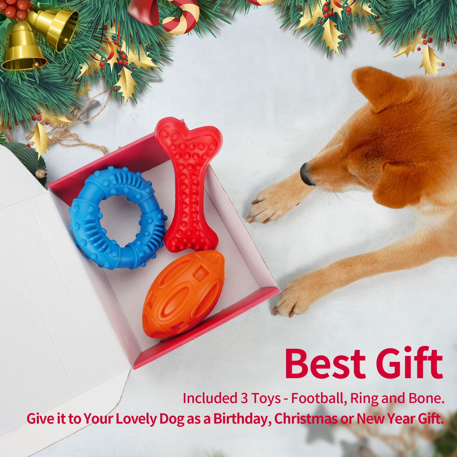 Epesiri 3-Pack Indestructible Dog Chew Toys for Aggressive Chewers - Durable Rubber Squeaky Toys for Large, Medium, Small Breeds - Teeth Cleaning & Gum Massage Puppy Chew Toys - Perfect for Outdoor Play, Training, and Stress Relief