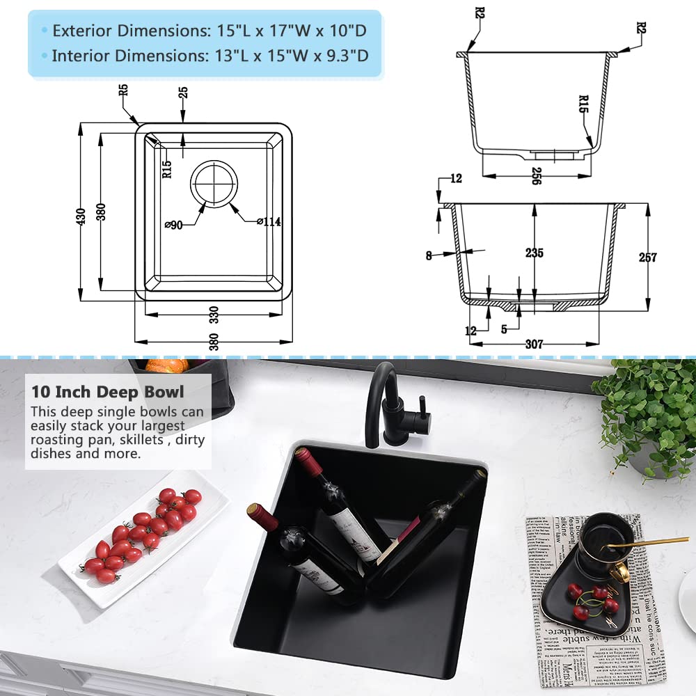 15 Inch Black Undermount Bar Sink - VASOYO 15x17 Inch Black Granite Single Bowl Kitchen Sink for Wet Bar & Prep Station, Dual Mount Design with Bottom Grid & Drain - Perfect for Small Kitchens, Home Bars, and RV Use