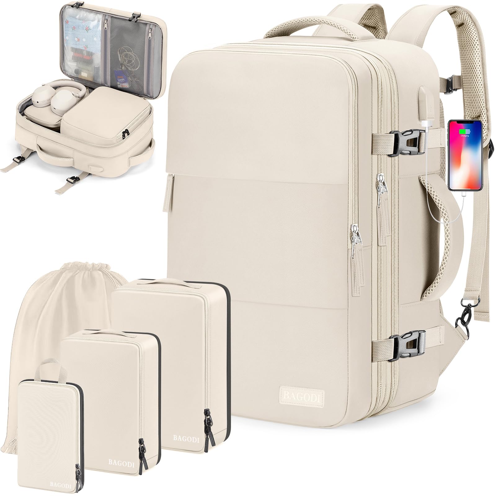 **Extra Large Expandable Carry On Backpack - TSA Approved Water Resistant Lightweight Travel Backpack for Men & Women - Perfect for Airplane, Weekender & Day Trips (Beige with 4 Packing Cubes Included)**