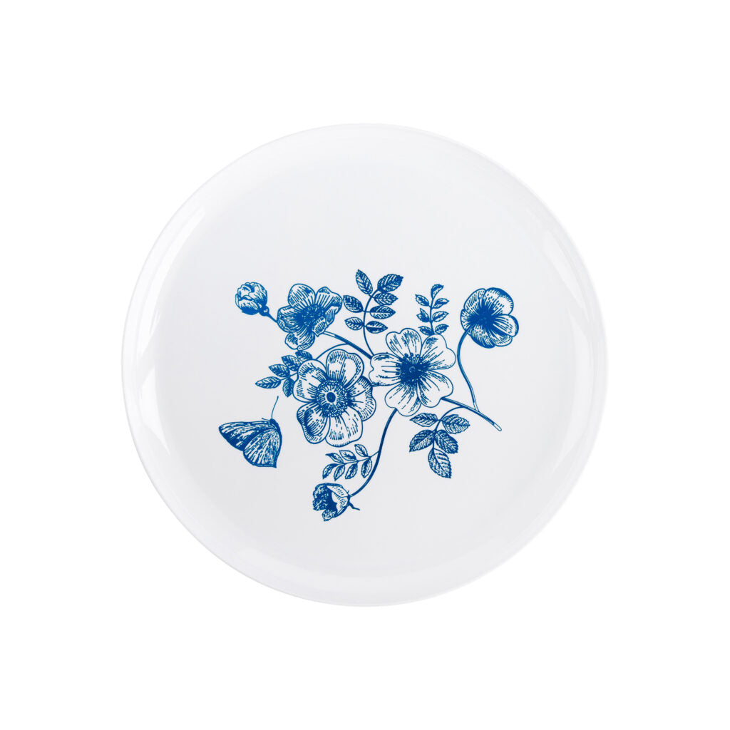 20-Piece White and Blue Round Plastic Dinnerware Set for 10 Guests - Elegant French Toile Design - Perfect for Outdoor Picnics, BBQs, and Party Gatherings