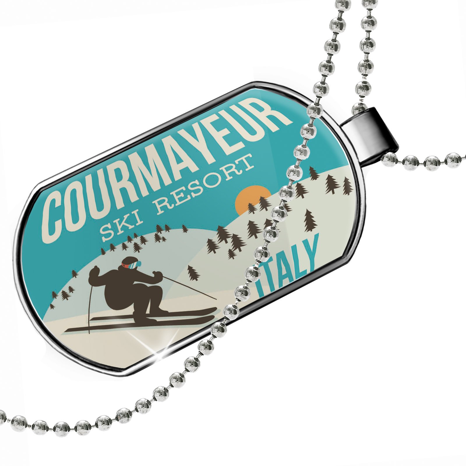 NEONBLOND Ski Resort Dog Tag Necklace - Courmayeur Italy Skiing Gift for Men & Women - Perfect for Ski Enthusiasts & Mountain Lovers