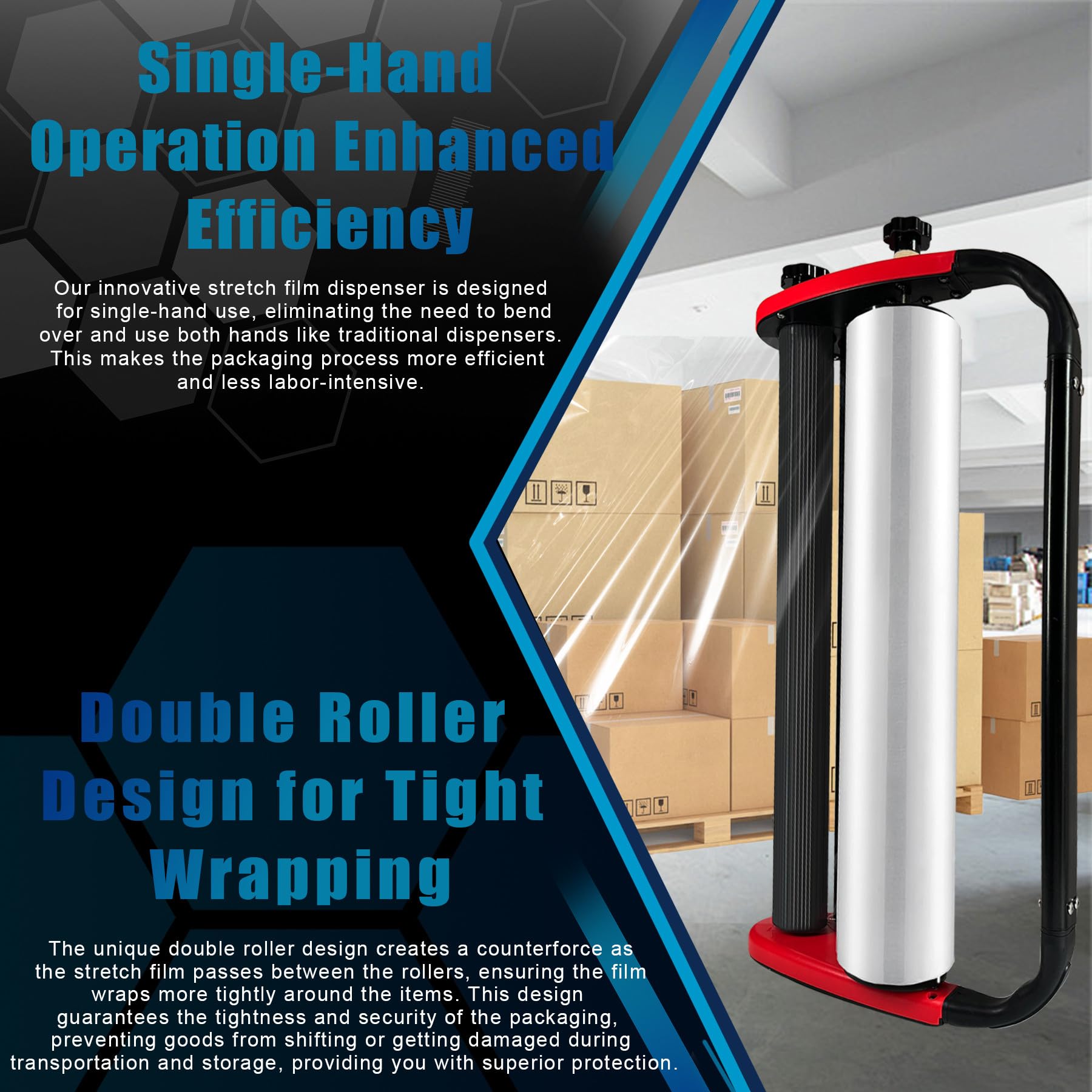 **Ergonomic Stretch Film Dispenser - Reduces Hand Fatigue for Warehouse, Logistics & Pallet Wrapping - 20-inch Dispenser for 20-inch Stretch Film - Ideal for Commercial, Industrial & Home Packaging Use**