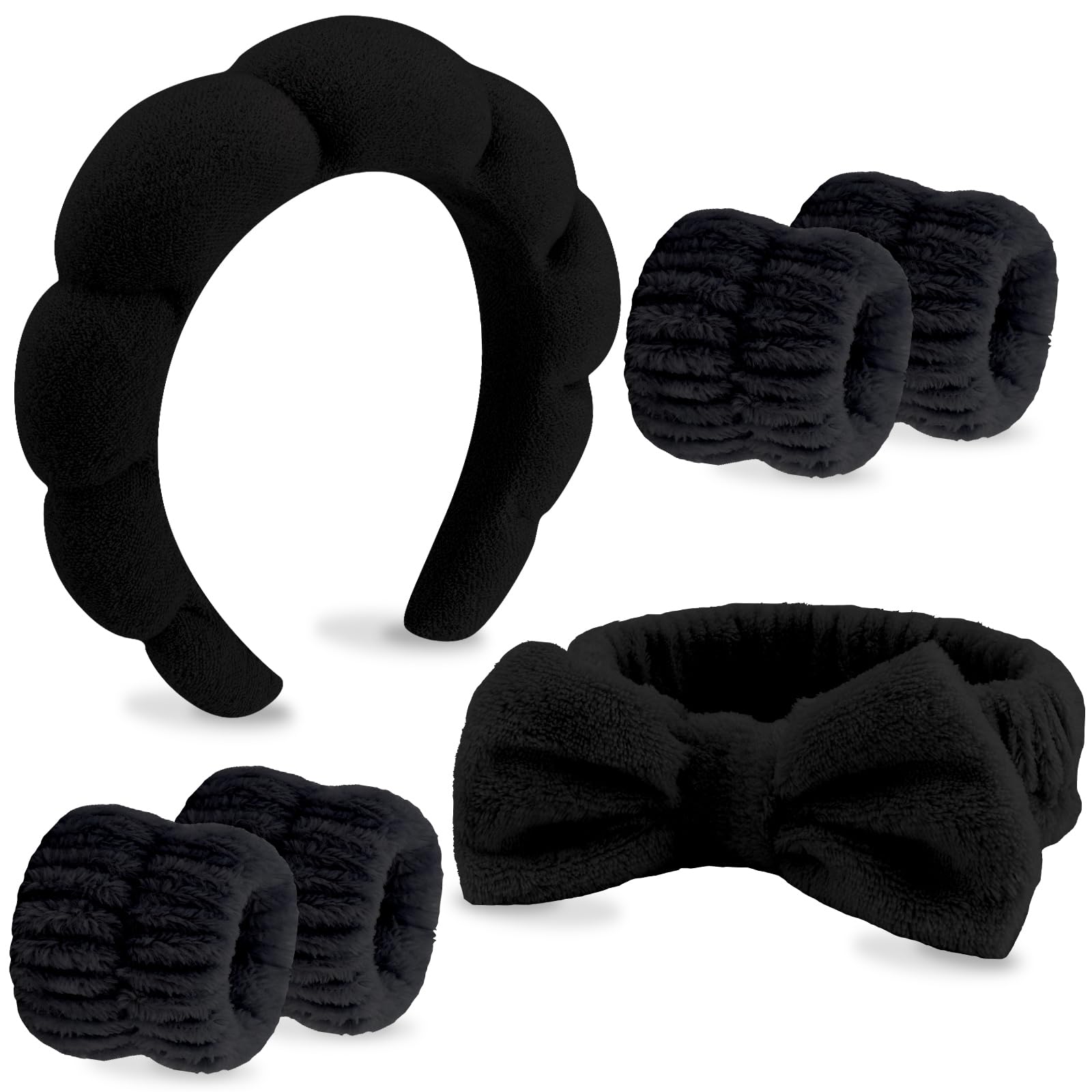 VELSCRUN 6 Pack Black Sponge Hair Bands with Bow Tie - Soft & Absorbent Spa Headbands for Women | Perfect for Makeup, Face Washing, Skincare & Hair Styling | Great Gift Idea for Her | Use at Home Spa, Salon or Gym