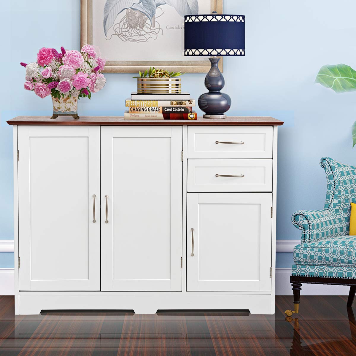 Giantex Buffet Sideboard Storage Cabinet - 2-Door Credenza with 2 Drawers, White & Vermilion - Kitchen Dining Room Furniture Organizer, Entryway Cupboard - Perfect for Home Dining Storage, Living Room Decor, and Hallway Organization
