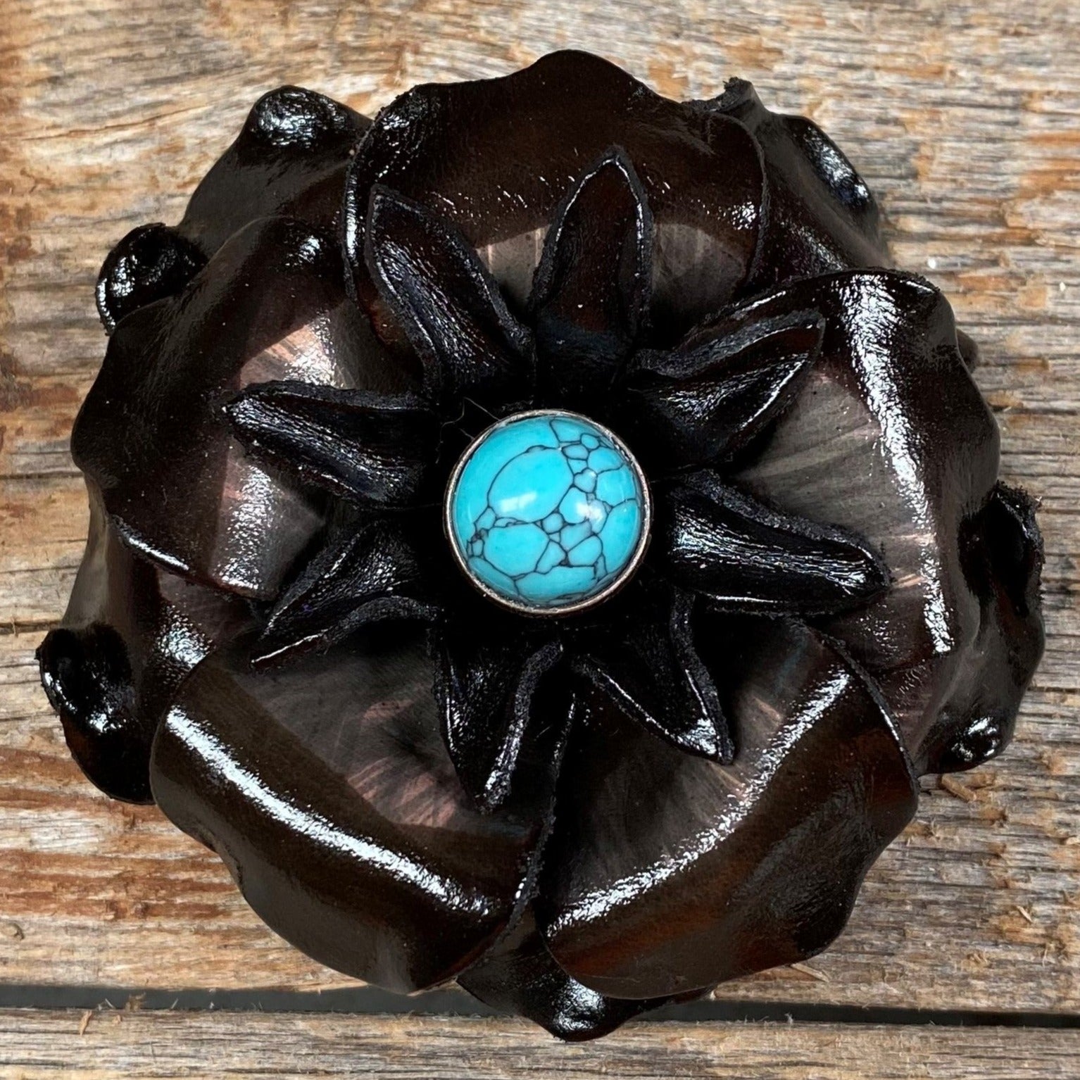 Hand Painted Leather Gardenia Flowers with Round Turquoise Cabochons - Elegant Home Decor, Wedding Bouquets & Bohemian Jewelry Making Supplies