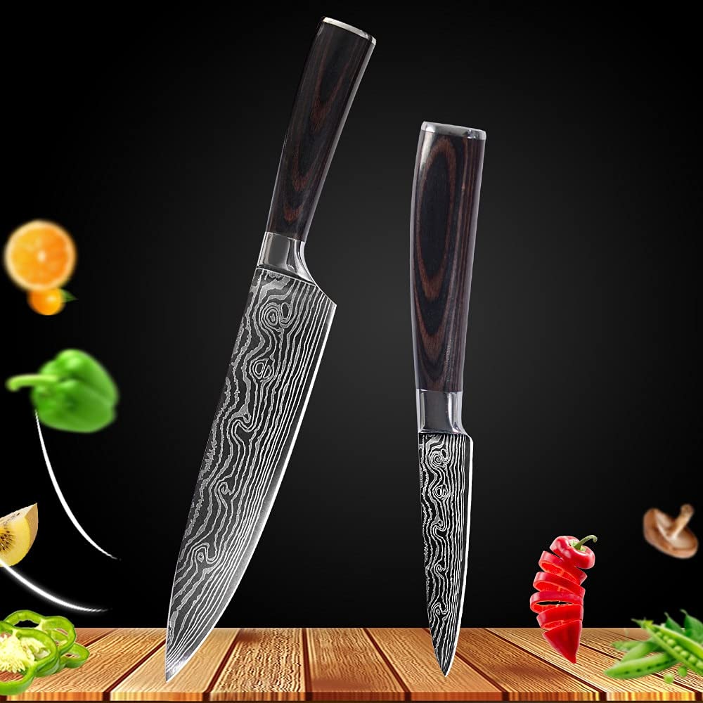 Premium Damascus Steel Japanese Chef Knife Set - 2-Piece Santoku & Utility Knives for Professional Cooking, Meat Slicing & Vegetable Chopping | Razor Sharp Laser-Cut Kitchen Knives | Perfect Gift for Home Chefs & Cooking Enthusiasts