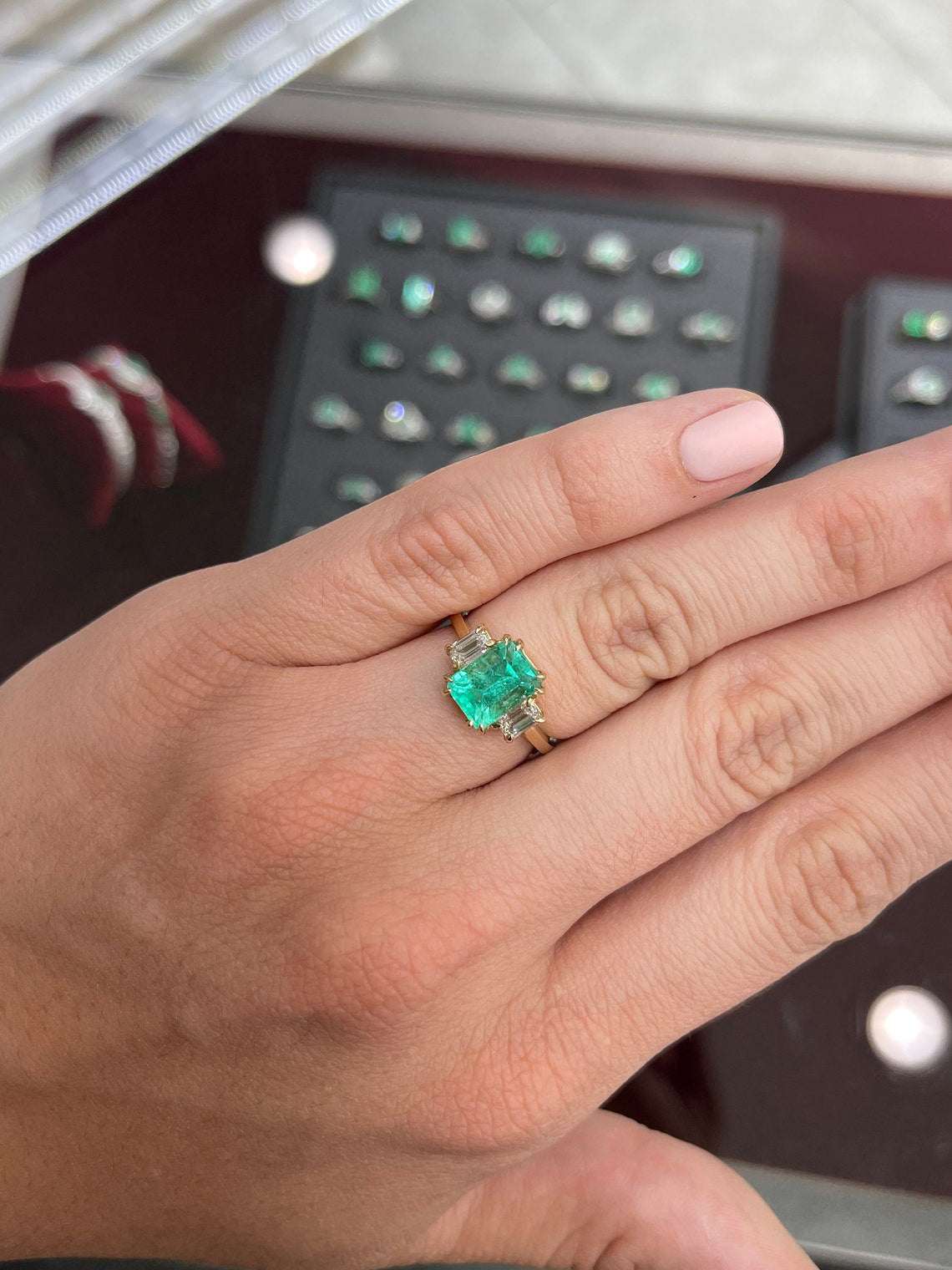 2.98tcw Emerald Three Stone Cut Diamond Ring in 14K Yellow Gold - Elegant Jewelry for Weddings, Anniversaries & Special Occasions