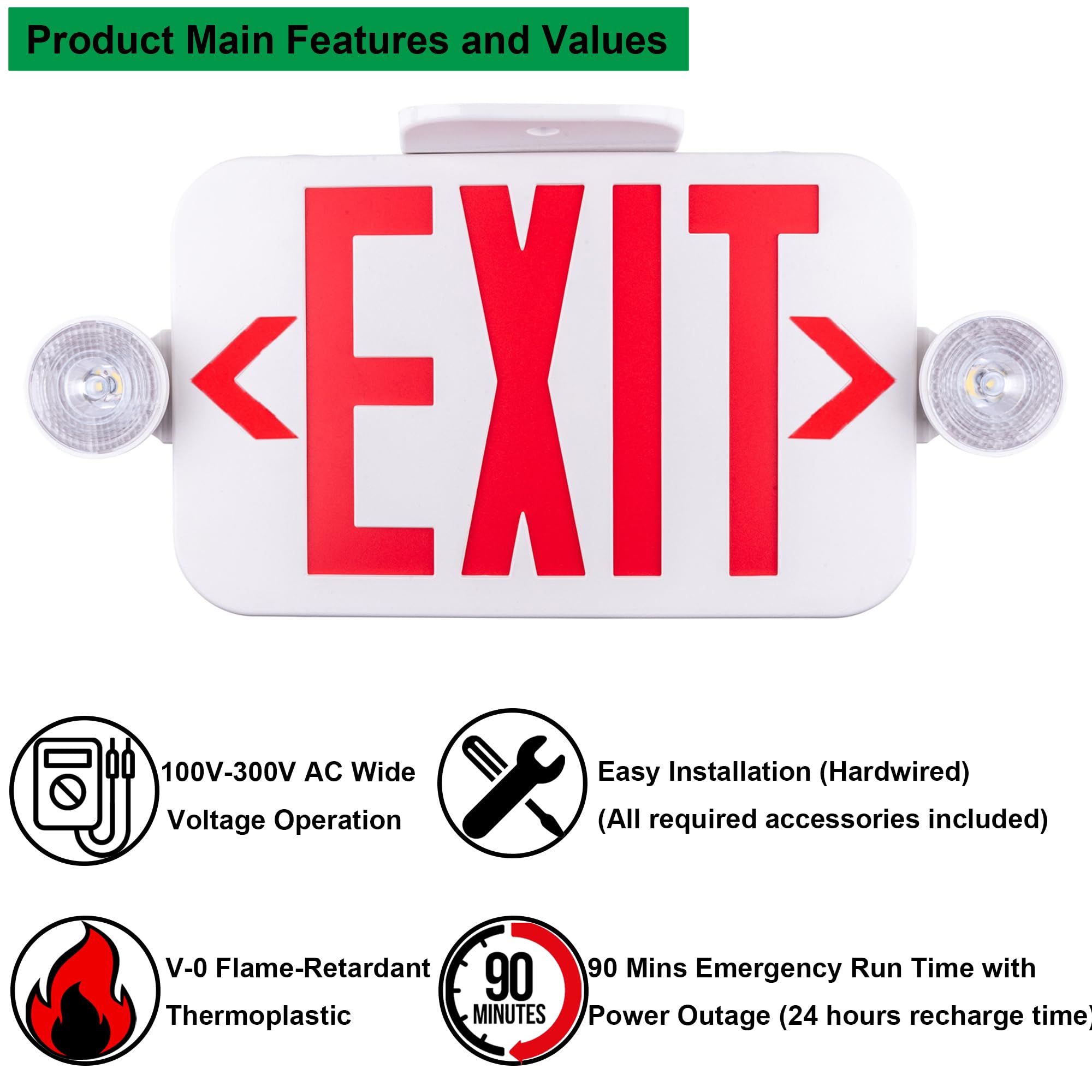LIT-PaTH LED Combo EXIT Sign with 2 Adjustable Head Lights & Double Face - Emergency Exit Lighting with Backup Batteries, UL 924 & CEC Certified (120-277V, Red Letters) - Ideal for Commercial Buildings, Warehouses, and Public Safety Areas