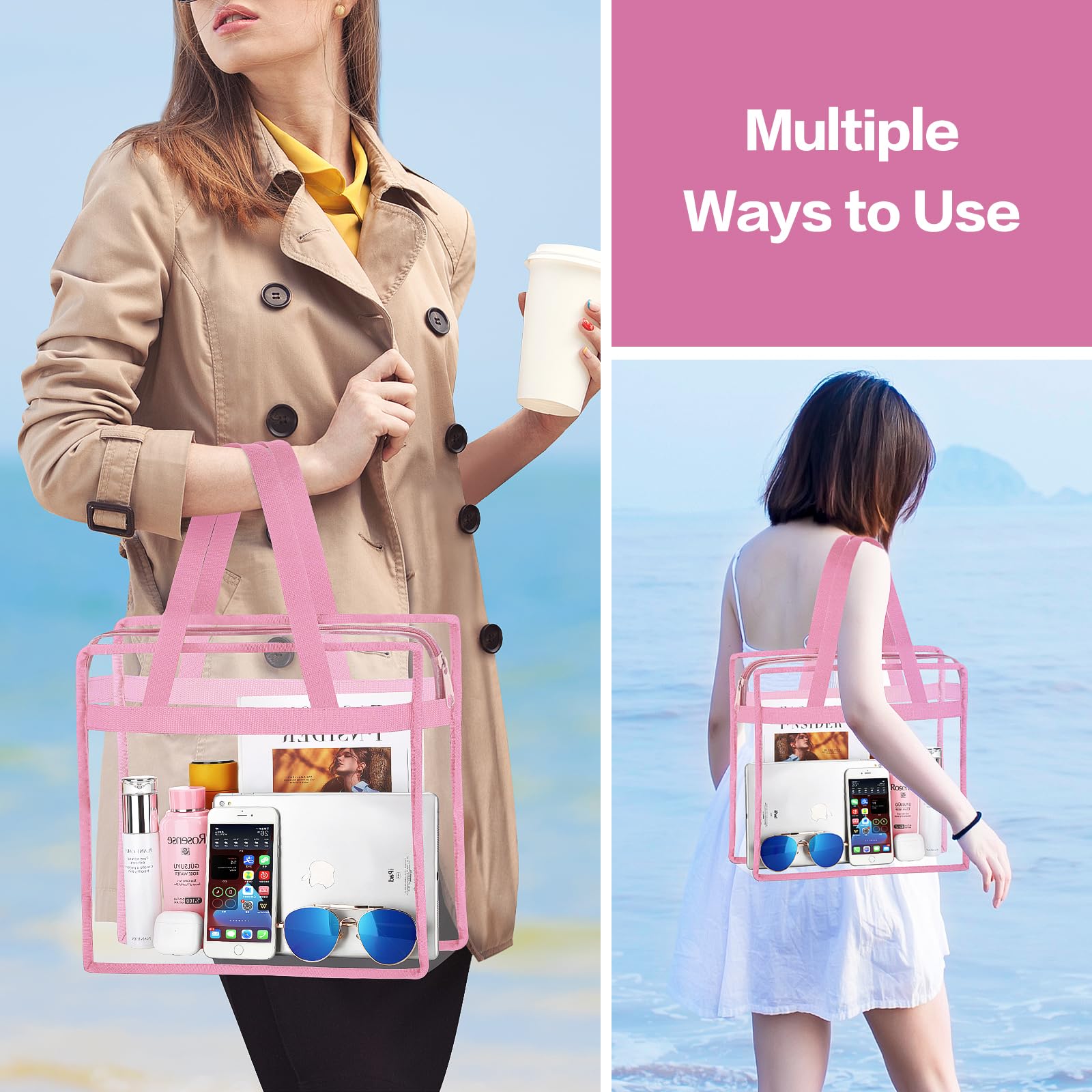 2-Piece Clear Beach Tote Bags - Stadium Approved for Travel & Shopping
