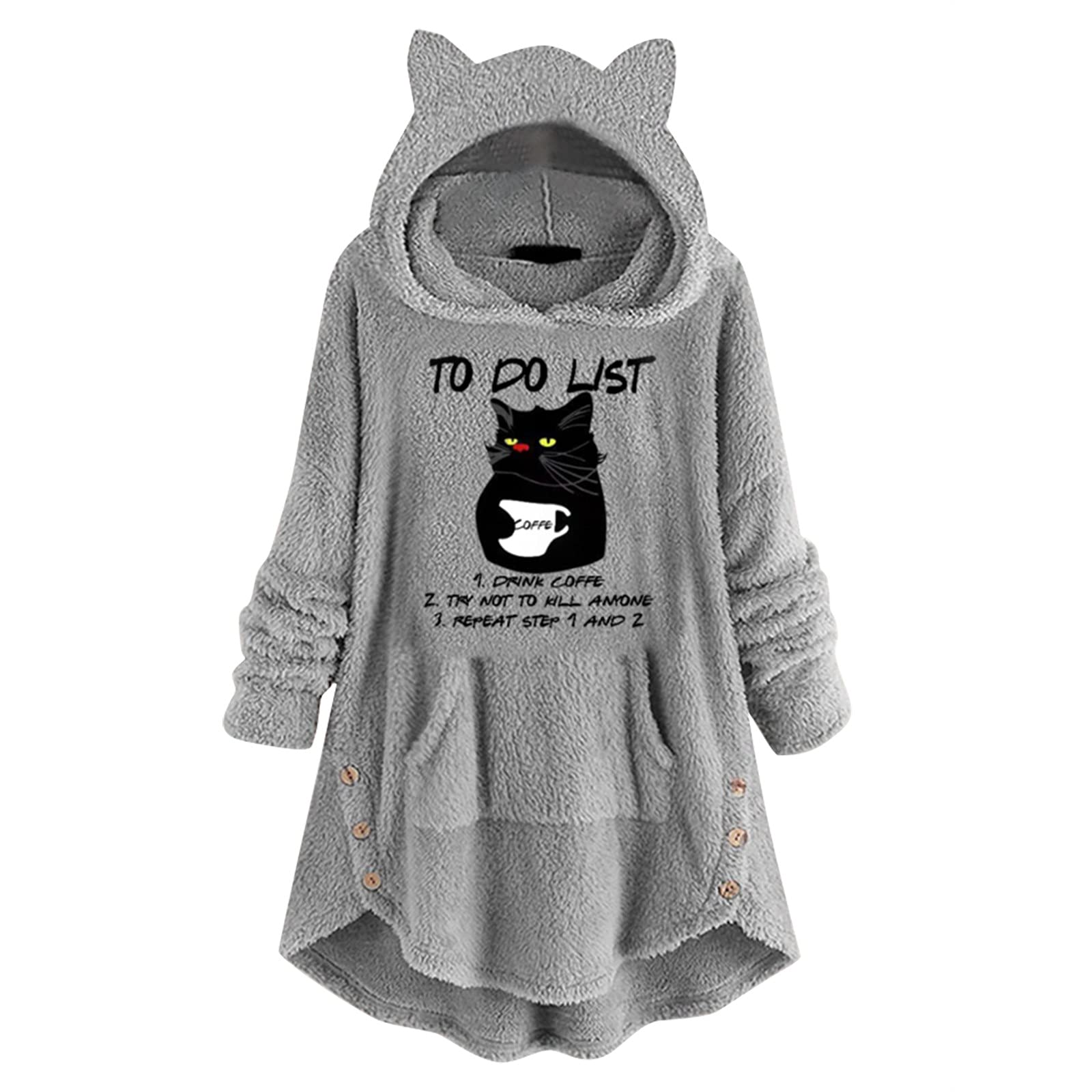Women's Fleece Sleep Jacket with Cat Ear Hood - Long Sleeve Loose Pullover with Button Pocket & Print Design - Cozy Lounge Wear for Home, Sleep & Casual Outings