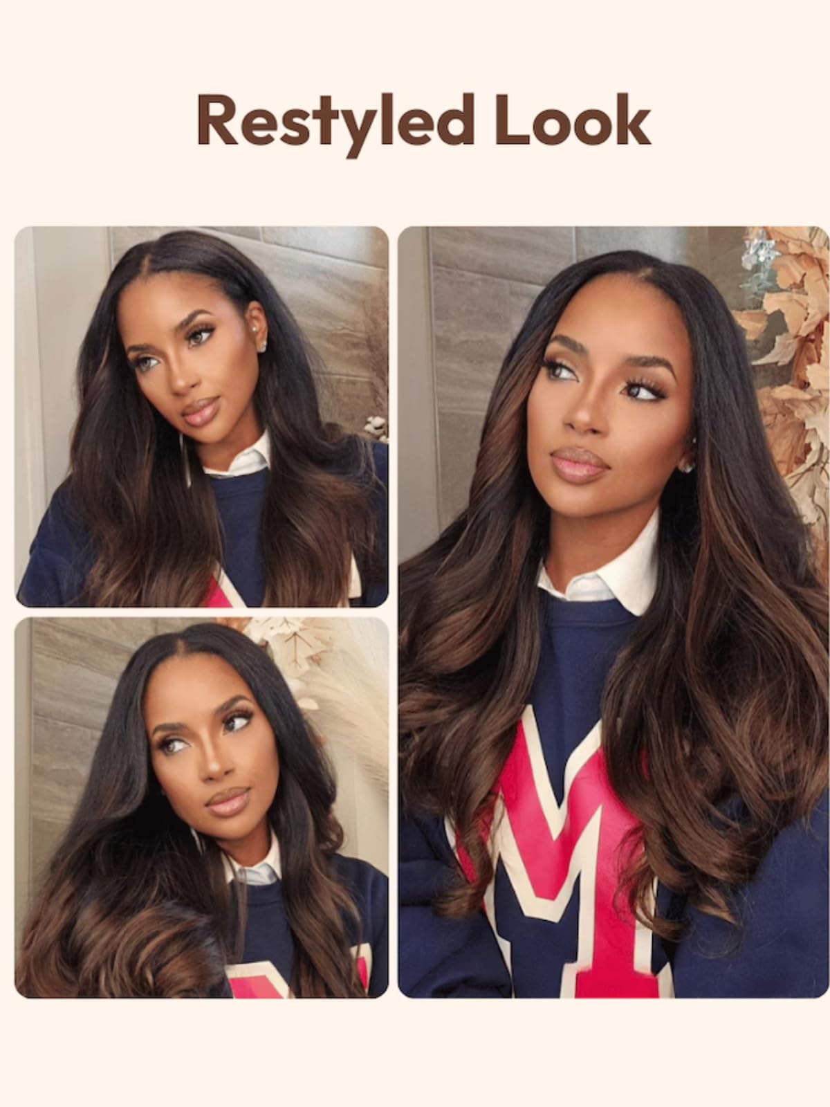 UNICE EasiContour V Part Wigs Human Hair Yaki Straight Glueless Wigs - No Sew in No Glue Ombre Chestnut Brown Clip-in V Part Wig (24 inch) | Beginner Friendly Upgrade U Part Human Hair Wig for Daily Wear, Parties & Special Occasions