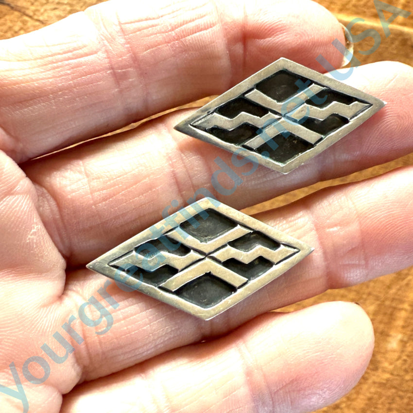Vintage Diamond Shaped Sterling Silver Pierced Post Earrings - Handmade Mexican Jewelry for Women - Perfect for Weddings, Parties & Special Occasions