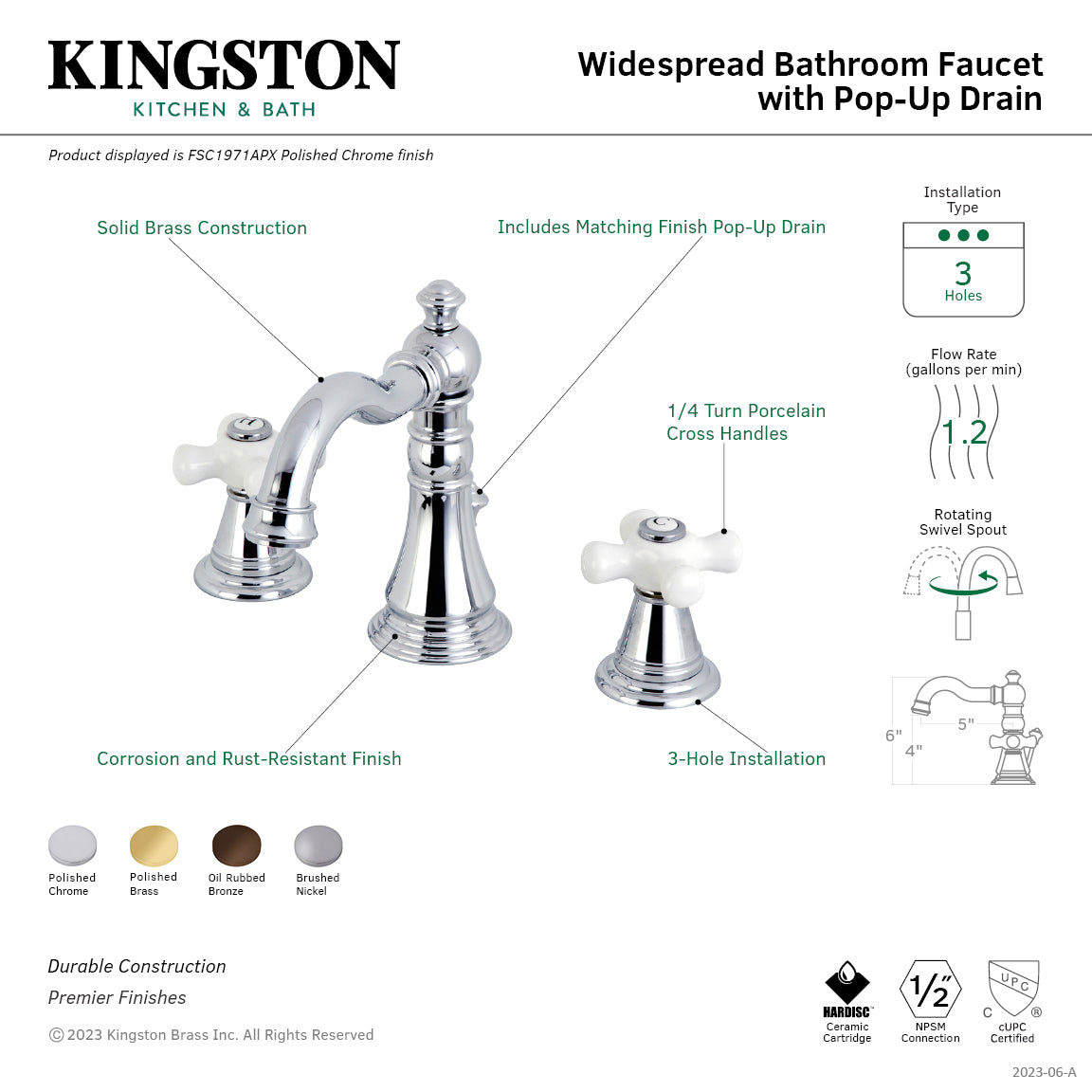American Classic FSC1971APX 3-Hole Widespread Bathroom Faucet with Pop-Up Drain - Polished Chrome Finish - Perfect for Modern Bathroom Renovations & Vanity Upgrades