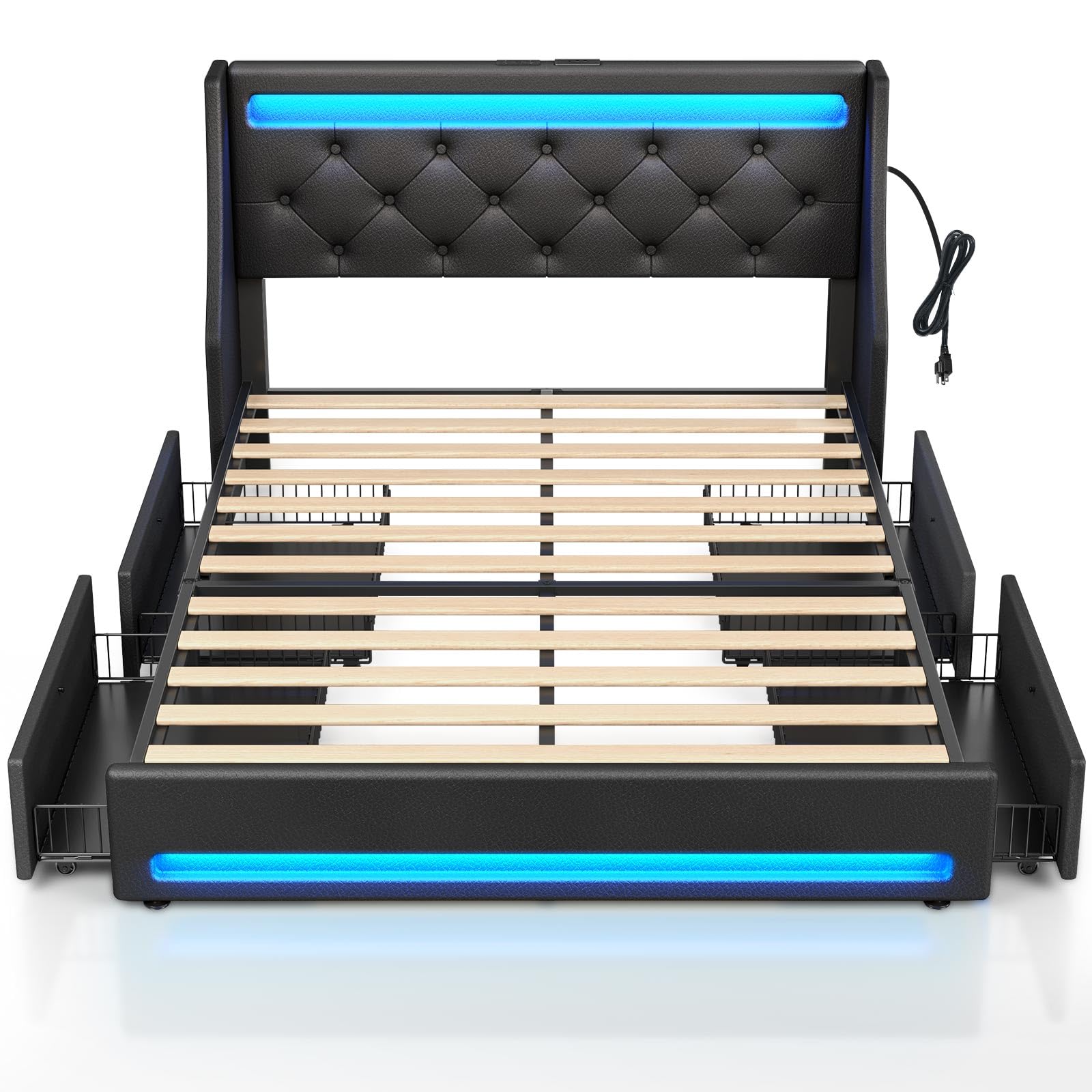 Rolanstar Queen Size Bed Frame with 4 Storage Drawers, USB Charging Station & LED Lights - Upholstered PU Leather Platform Bed with Heavy Duty Wooden Slats, No Box Spring Needed, Quiet & Easy Assembly | Perfect for Small Bedrooms, Guest Rooms & Modern Apartments