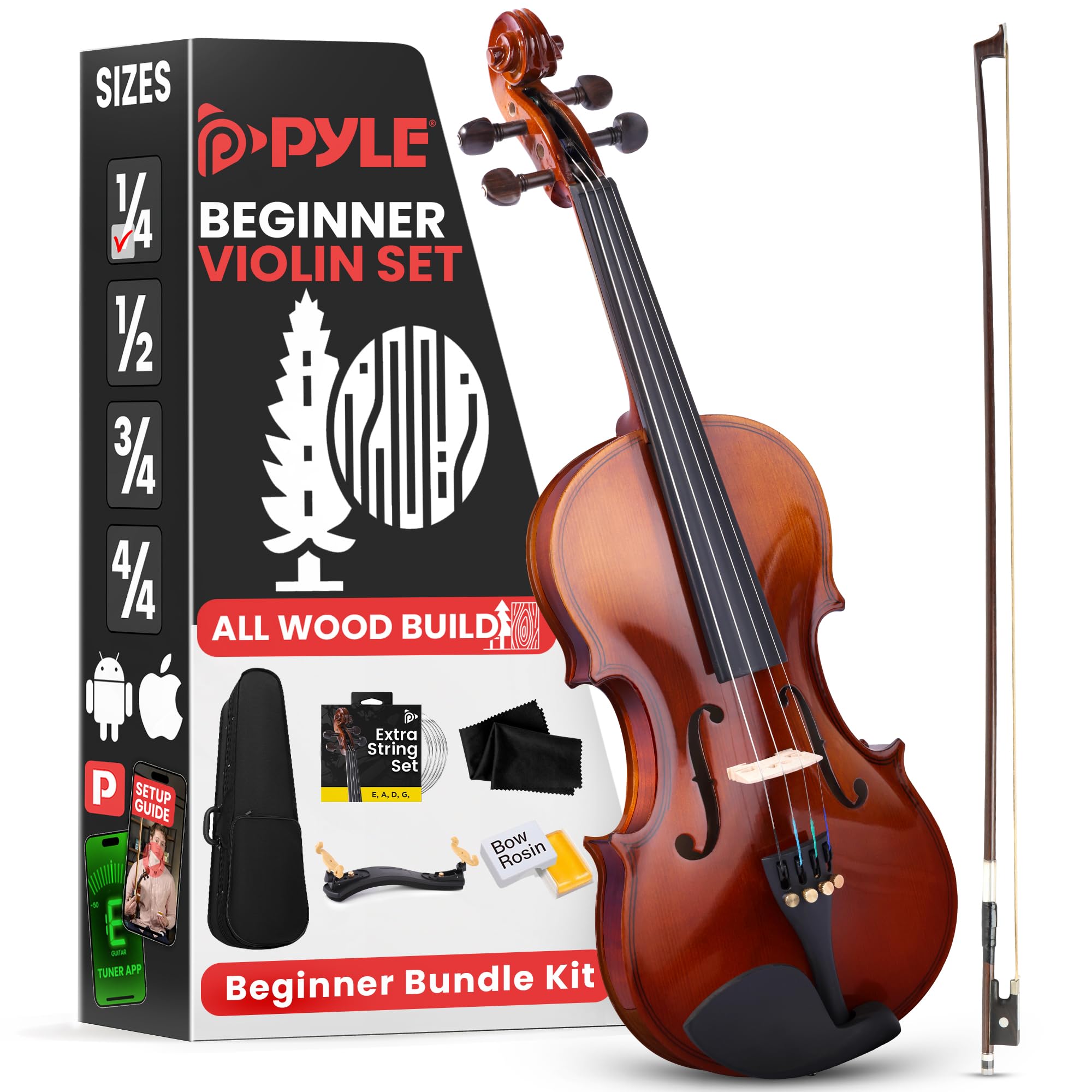 **Pyle 1/4 Size Beginner Violin Starter Kit - Full Set with Travel Case, Bow, Extra Strings, Digital Tuner, Shoulder Rest & Cleaning Cloth - Perfect for Students, Kids & Adults - Ideal for School, Practice & Travel**