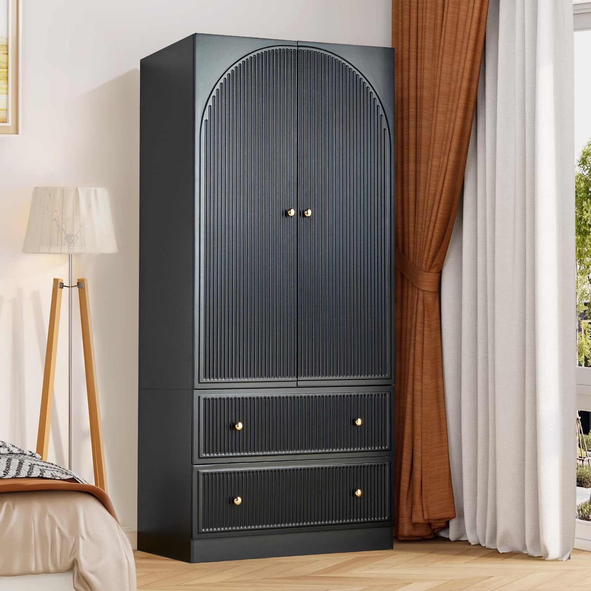 ORRD Black Freestanding Armoire Wardrobe Closet with 2 Doors & 2 Drawers - Large Capacity Wooden Storage Cabinet for Bedroom, Closet Organizer for Clothes, Shoes & Accessories | Perfect for Small Spaces & Apartment Living