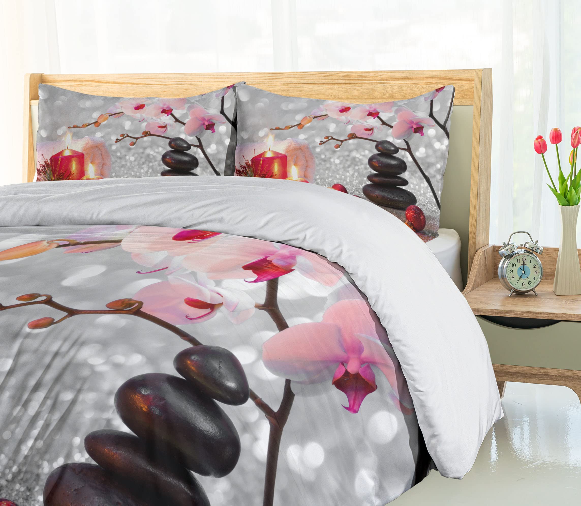 Ambesonne Winter Christmas Themed 3-Piece King Size Duvet Cover Set with Pink Orchid Stone & Red Candles Design - Includes Duvet Cover & 2 Pillow Shams (Black/White) | Cozy Holiday Bedding for Festive Home Decor & Spa-Like Comfort