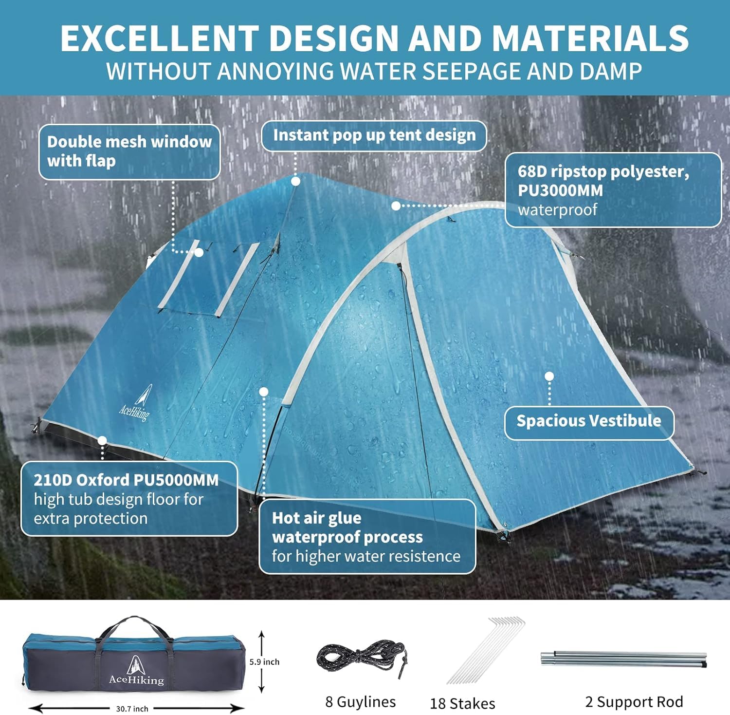 4 Person Instant Pop Up Camping Tent - Waterproof, Windproof Family Tent with Sun Shade Porch - Easy Setup for Outdoor Camping, Hiking & Backpacking - Perfect for Family Adventures, Beach Trips & Music Festivals