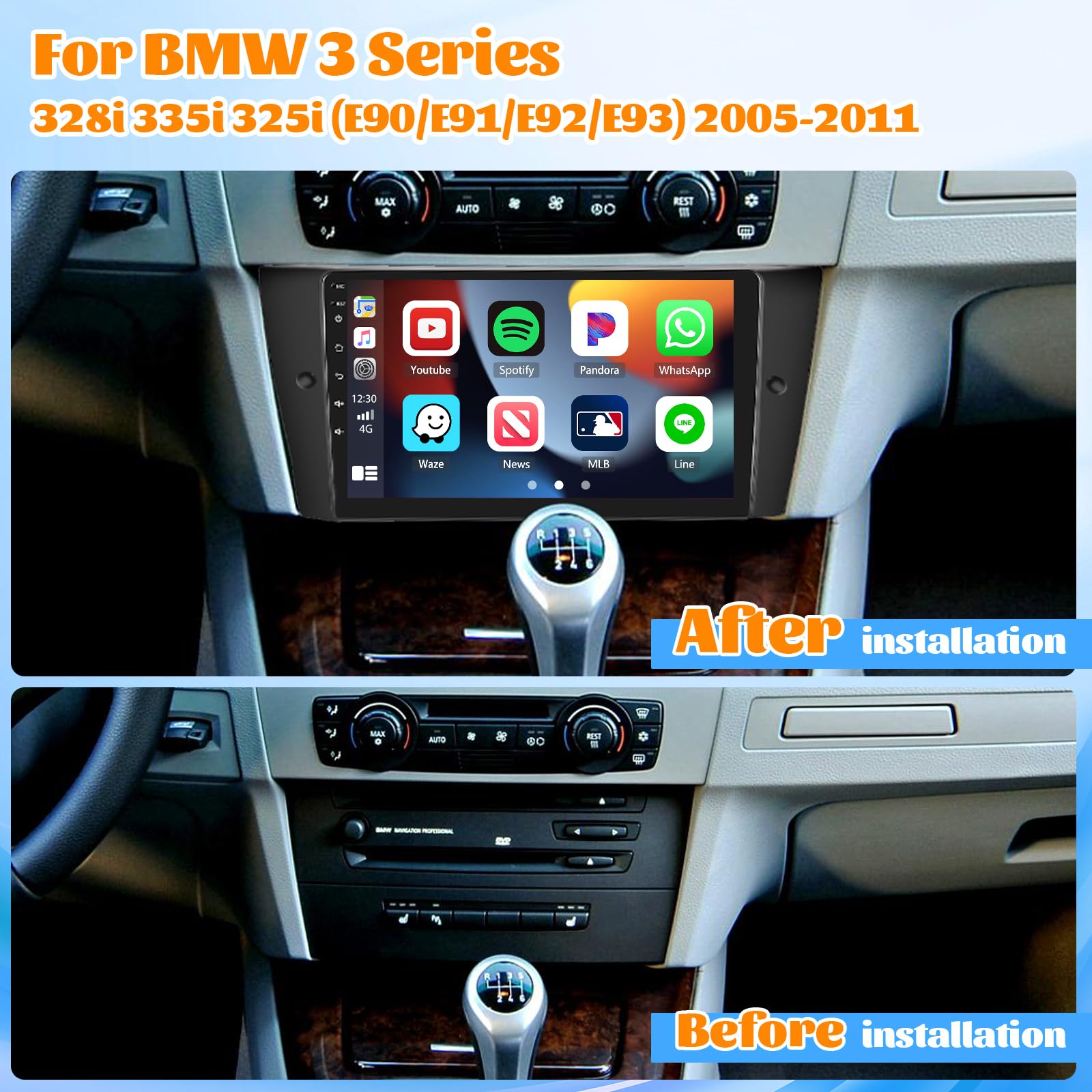 Roinvou 9 Inch Android 13 Car Stereo for BMW 3 Series (E90/E91/E92/E93) 2005-2011 - 2GB RAM 64GB ROM, Wireless CarPlay & Android Auto, Touch Screen, Bluetooth, GPS Navigation, WiFi, Steering Wheel Control - Perfect for Upgrading Your BMW 328i 325i 335i Audio System