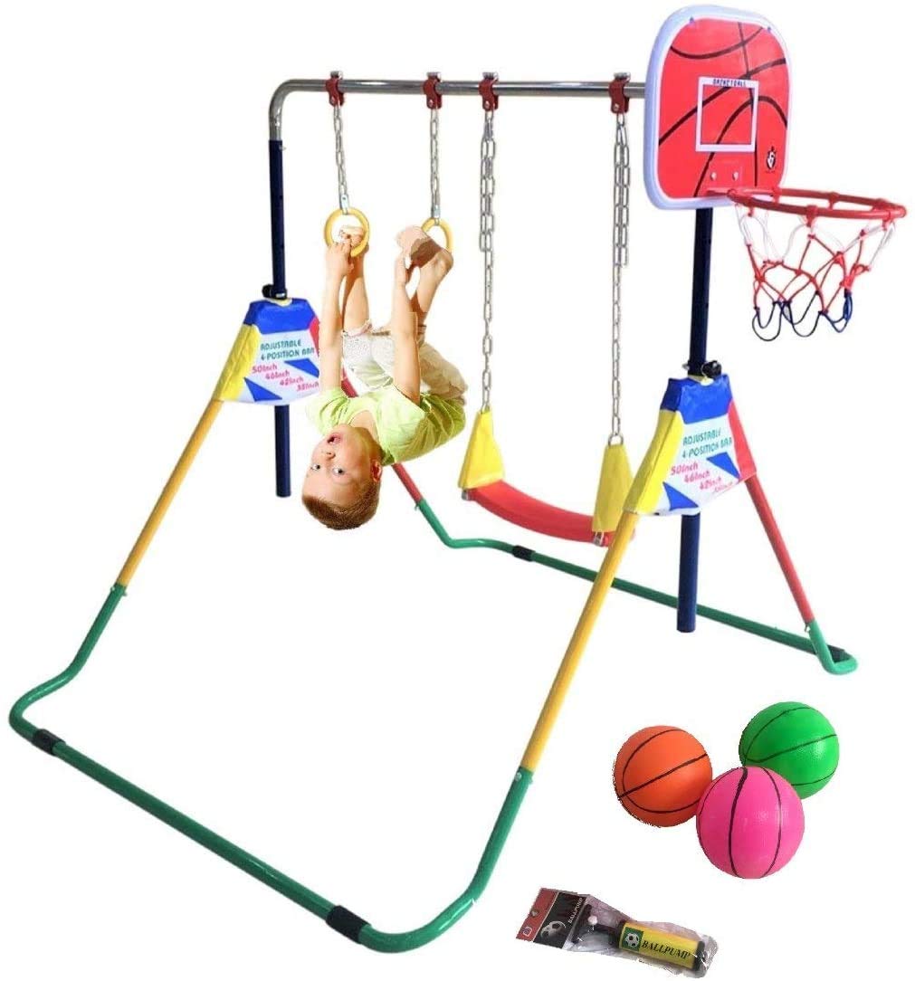 4-in-1 Kids Gymnastics Bar Set with Horizontal Bar, Kip Bar, Monkey Bars & Deluxe Swing - Includes Trapeze Rings, Basketball Hoop & 3 Mini Balls for Indoor/Outdoor Playground & Backyard Fun