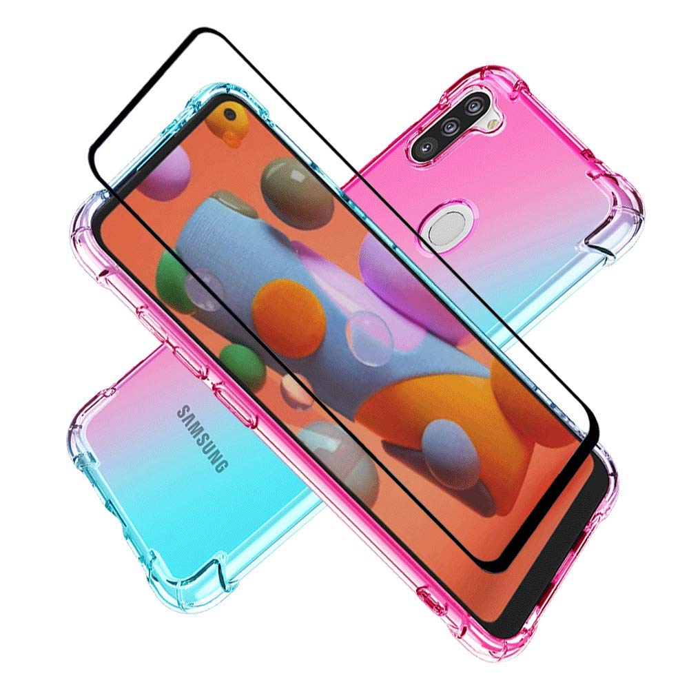 Samsung Galaxy A11 Phone Case with Screen Protector - Shockproof Slim TPU Cover in Pink & Green | Protective Transparent Two-Tone Design for Everyday Use, Travel & Outdoor Activities