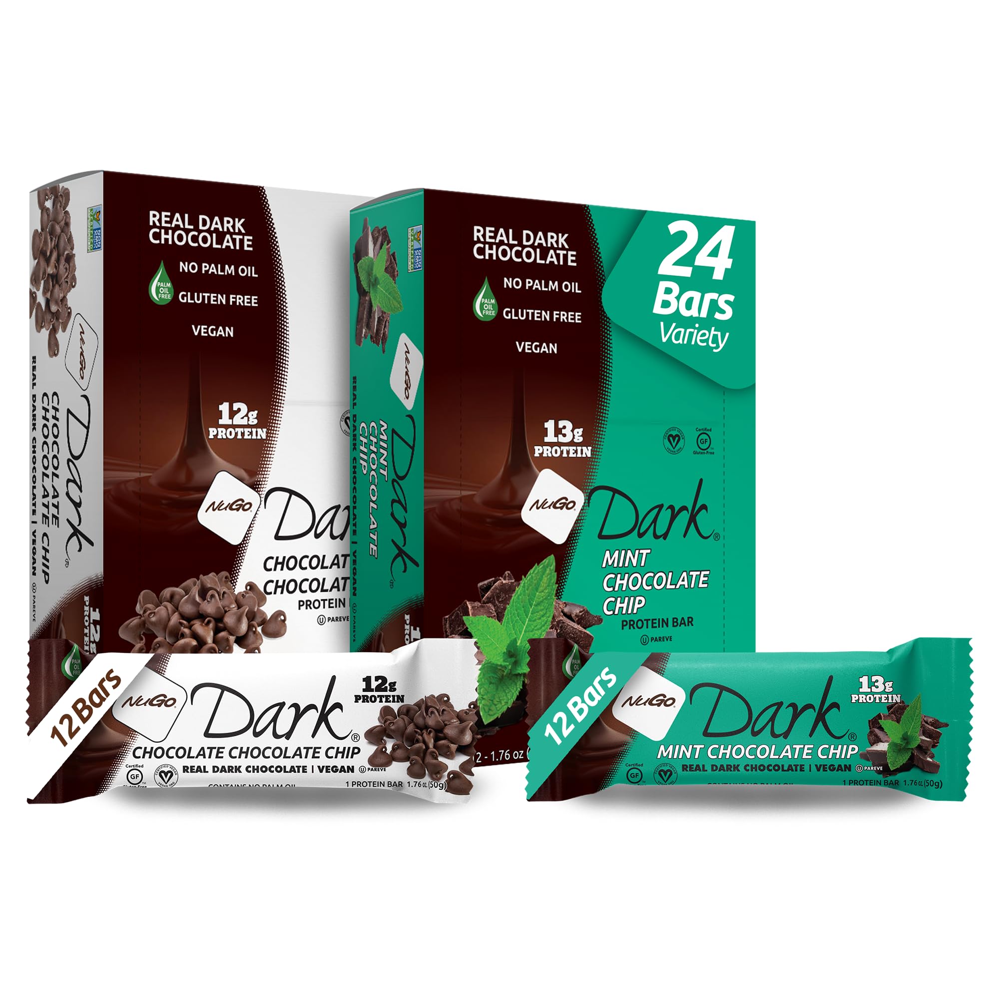NuGo Dark Variety Pack - Mint Chocolate Chip & Chocolate Chip Protein Bars (24 Count, 12-13g Protein Each) | Vegan, Gluten Free, Non-GMO, Kosher Pareve | Perfect for Gym, Hiking & Healthy Snacking