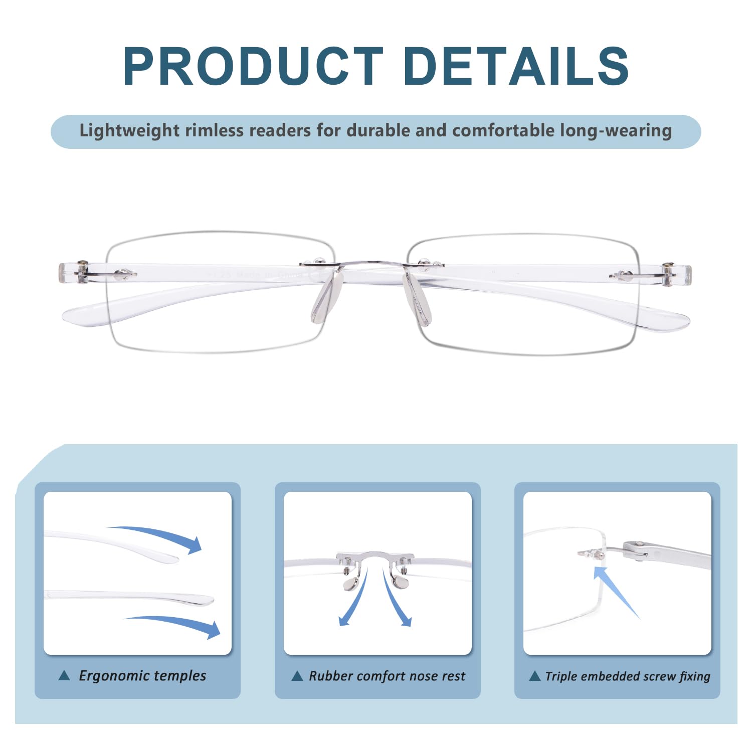 BLUELESS Rimless Reading Glasses for Men & Women - Lightweight Small Readers with Anti-Blue Light (Transparent Frame) - Perfect for Computer Work, Reading Books & Office Use