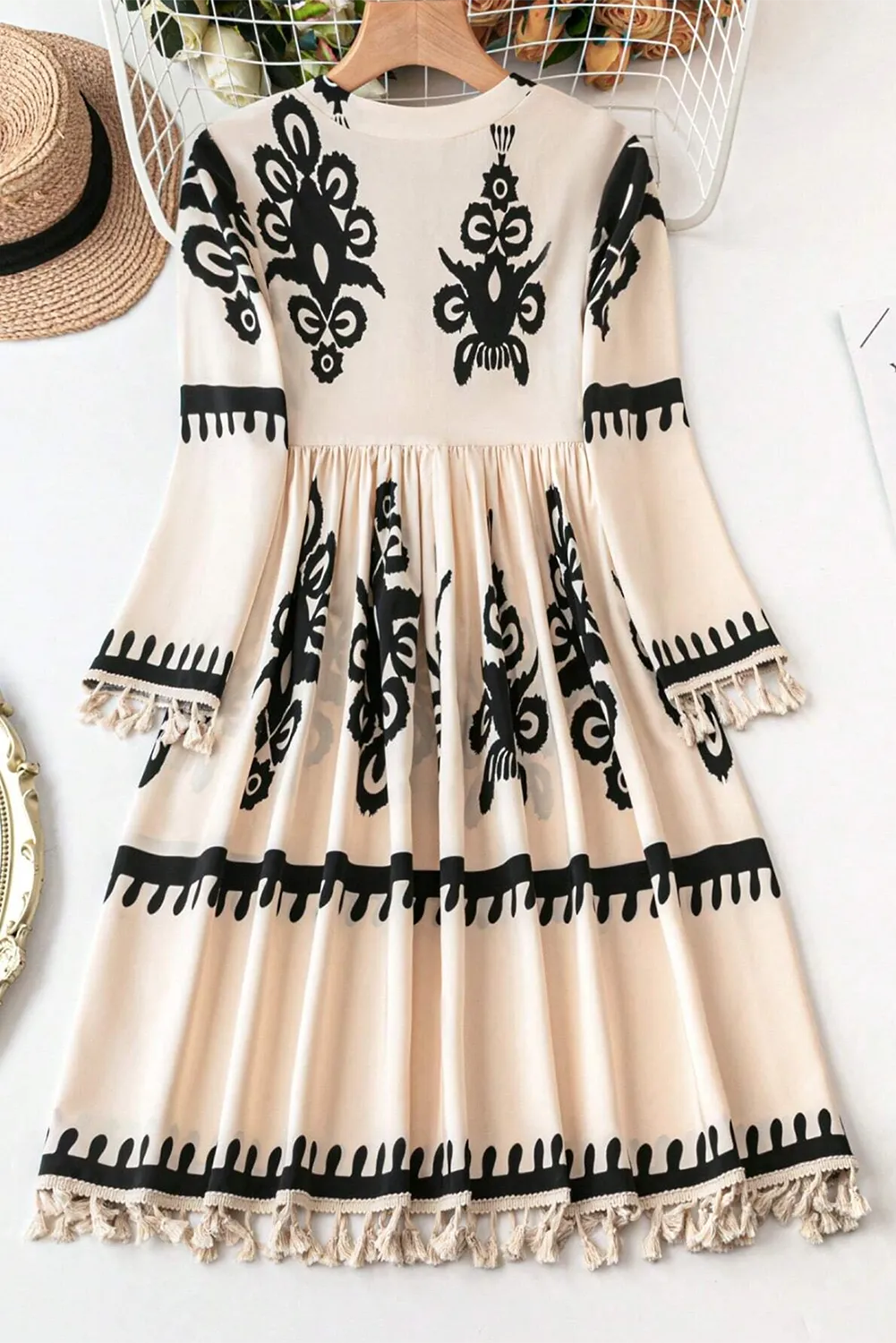 Flowy Tassel Print Short Sleeve Mini Dress for Women - Beach Vacation, Summer Party & Resort Wear