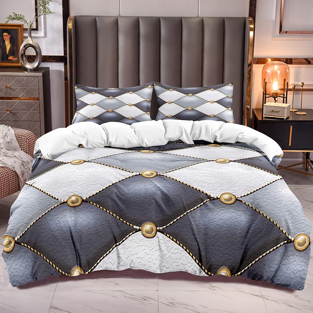 JIJIWANG Grey Blue Geometric Pattern Queen Duvet Cover Set 3PCS - Diamond Print Comforter Cover with 2 Pillowcases | Breathable Polyester Bedding Set for Modern Bedroom Decor