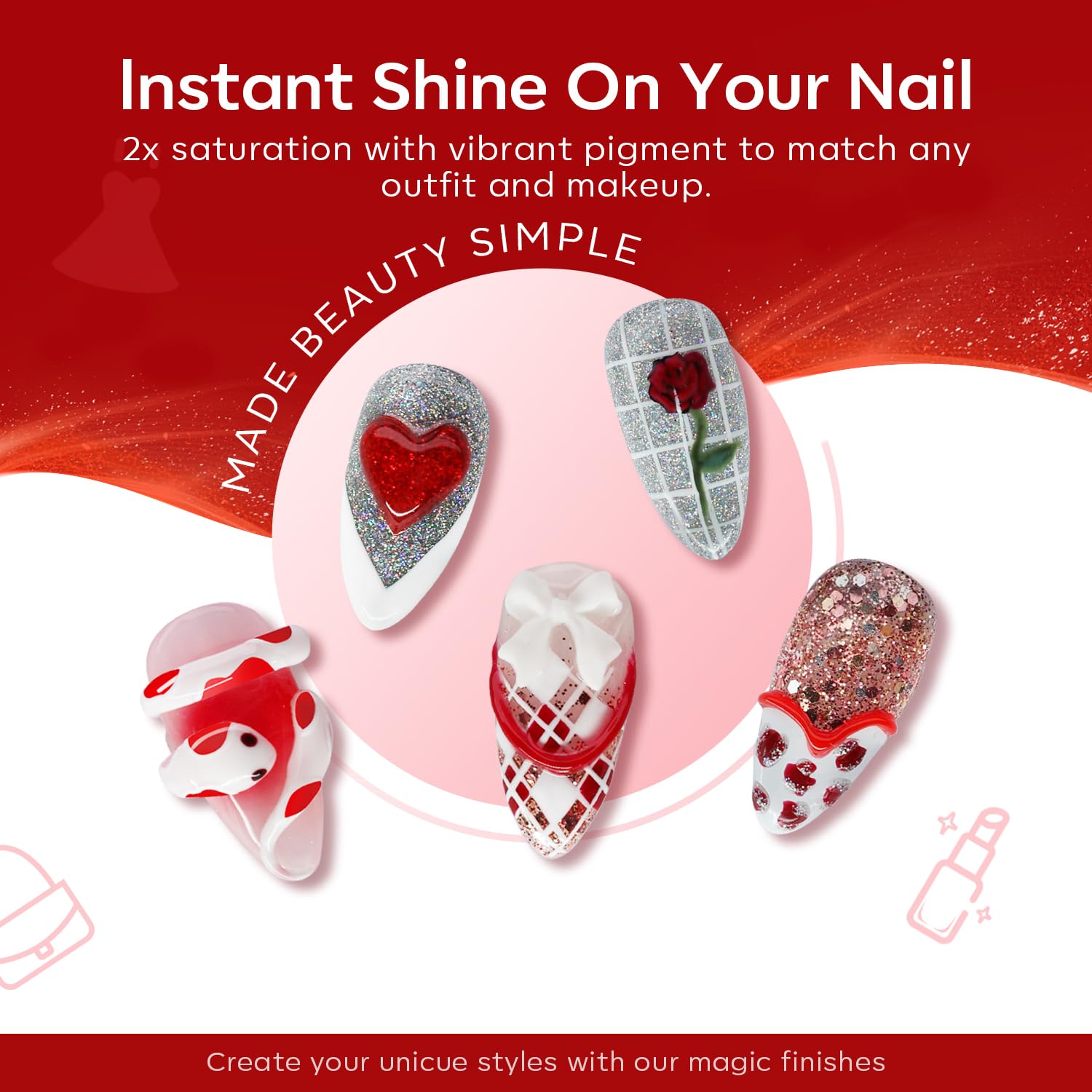 Modelones 6 Colors Red Gel Nail Polish Set - White Glitter, Sparkle Burgundy, Dark Rose, Champagne Silver, Candy Cane | Soak Off UV LED Nail Art Kit for Manicure, Salon & DIY | Perfect Gift for Women, Home Nail Care & Party Looks