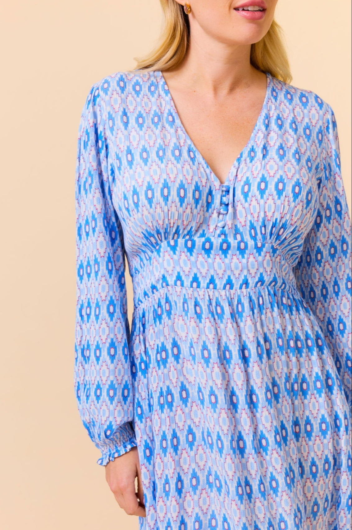 Camila Dress - Aztec Print Light Blue & Red Floral Maxi Dress for Women | Boho Chic Summer Dress for Beach, Vacation & Casual Wear