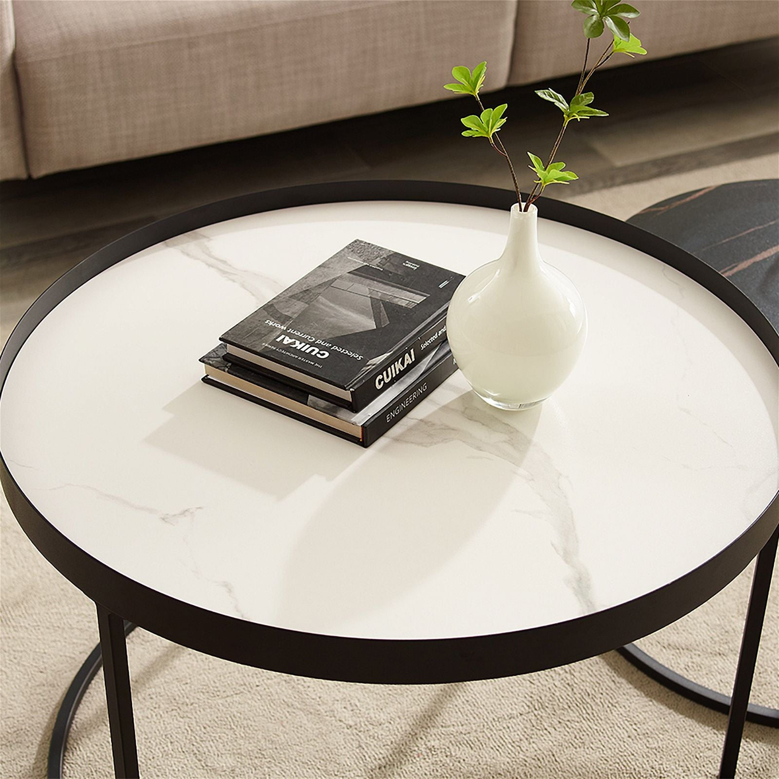 Modern Nested Coffee Table Set - White & Black Sintered Stone Top with Sturdy Carbon Steel Frame - Perfect for Living Room, Lounge & Office Spaces - by Criterion