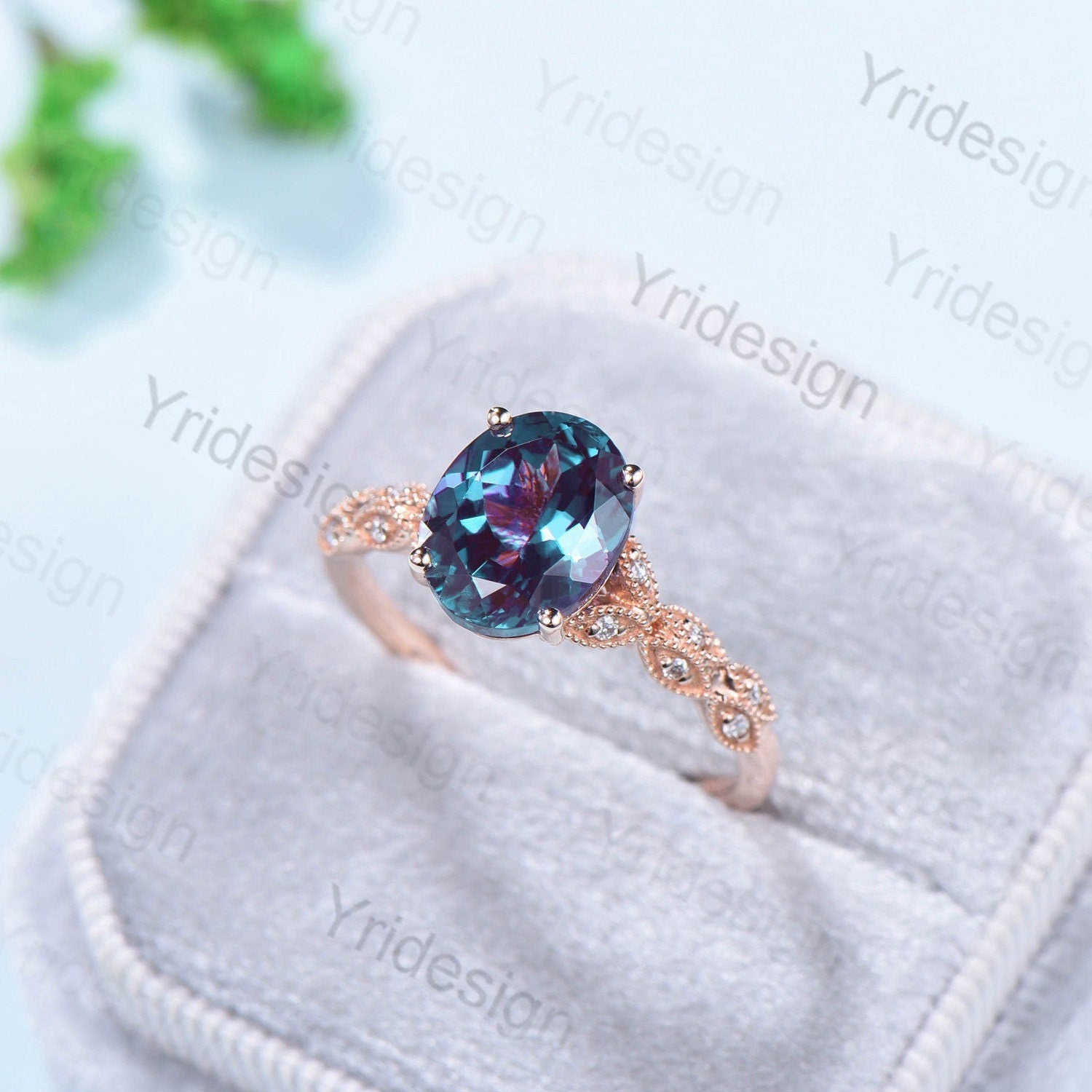 8X10mm Oval Alexandrite Engagement Ring for Women - Split Shank Art Deco Moissanite Diamond Wedding Band, Milgrain Detailing, June Birthstone Anniversary Gift - Perfect for Proposals, Bridal Jewelry & Special Occasions