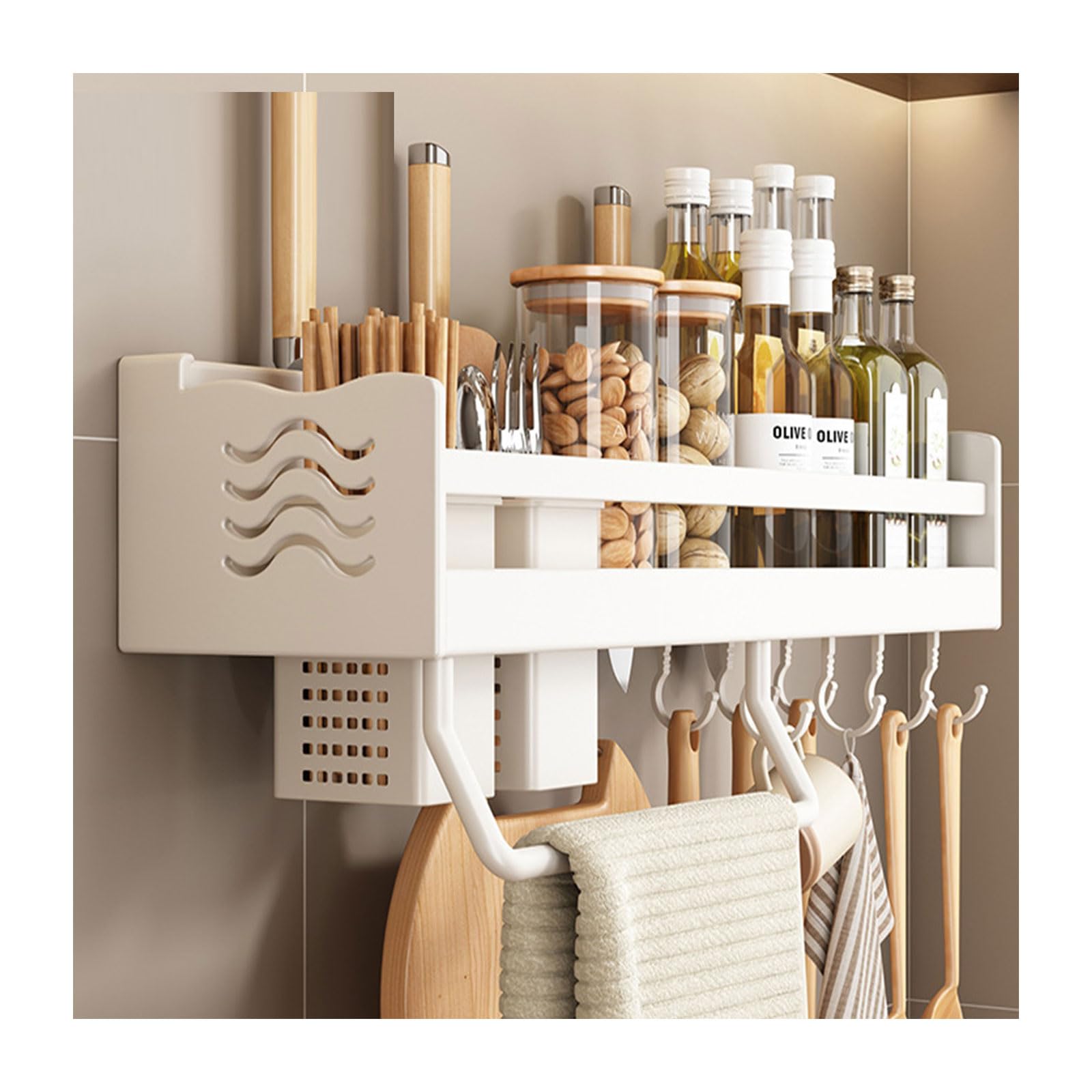 Dxcaicc Wall Mounted Kitchen Utensil Organizer Shelf with Hooks - 19.6 Inch Spice Rack & Storage Shelf for Spatulas, Spoons, Towels, and Spice Jars - Perfect for Small Kitchen Organization and Space Saving